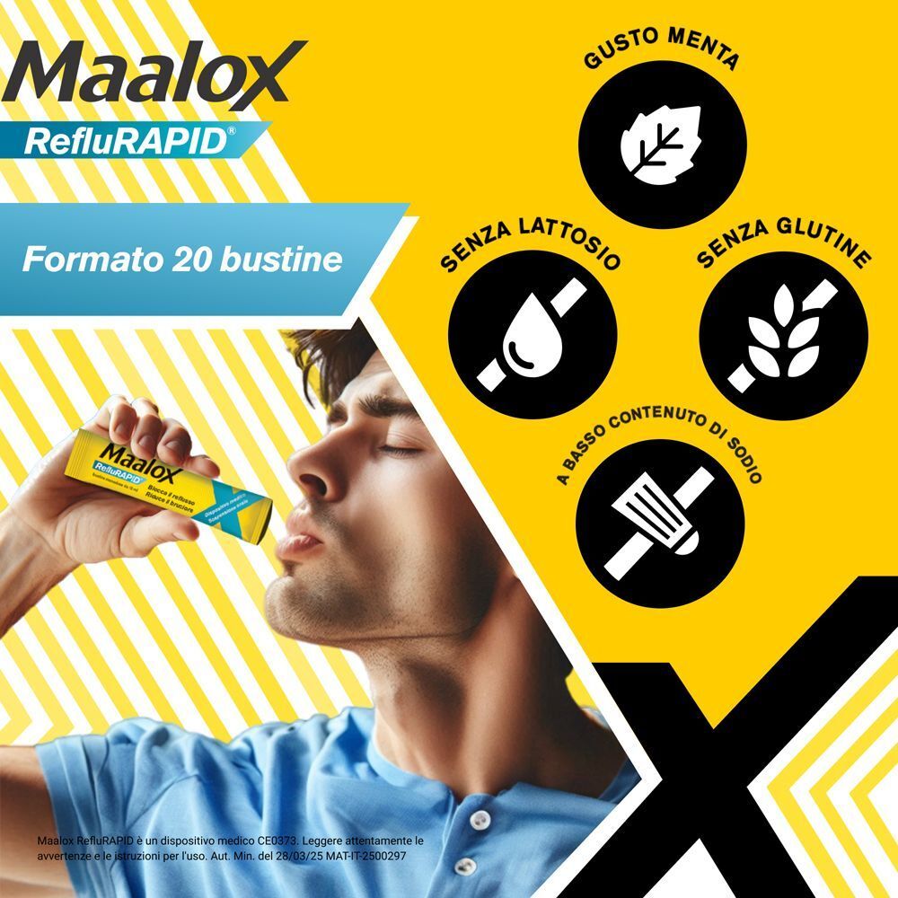 Maalox Reflurapid: Formato 20 bustine, senza lattosio, senza glutine.