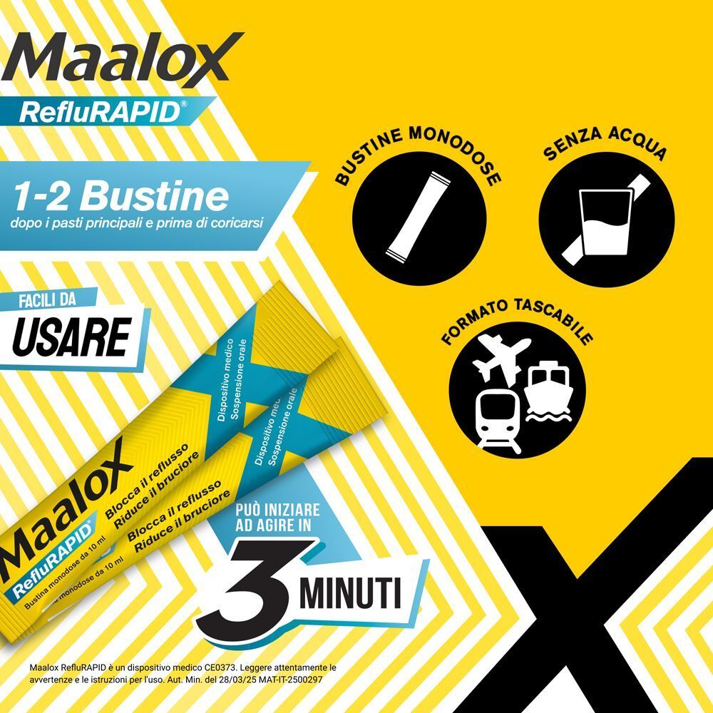 Maalox Reflurapid: 1-2 bustine dopo i pasti, facili da usare.