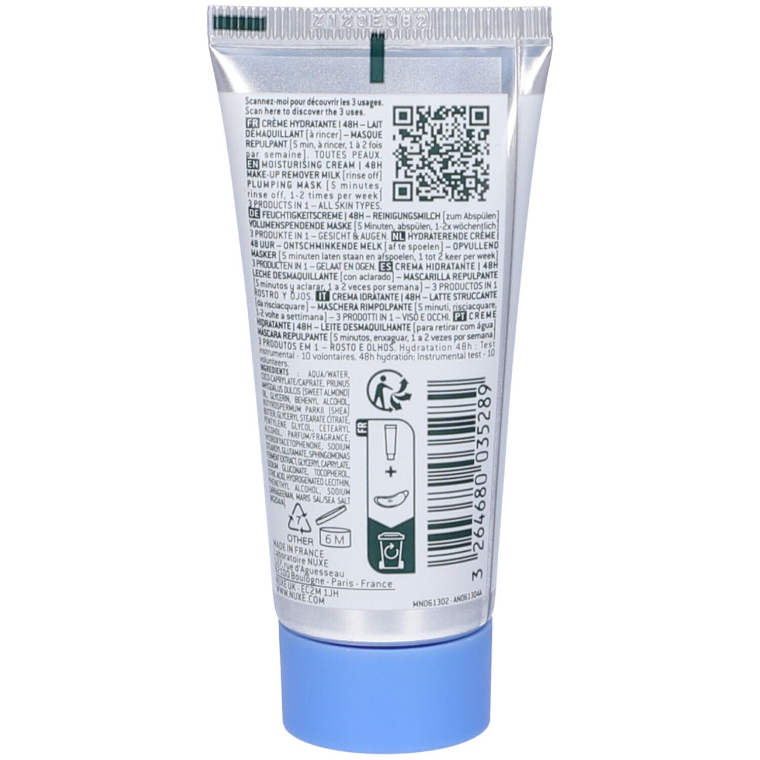 Retro del tubo. Testo multilingue. Codice QR e simboli di ingredienti e durata.