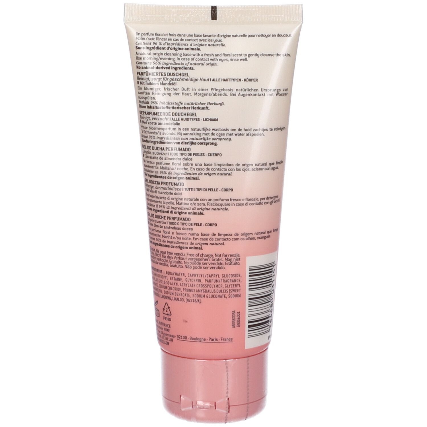 Retro del tubo. Testo multilingue. Ingredienti e informazioni sul prodotto.