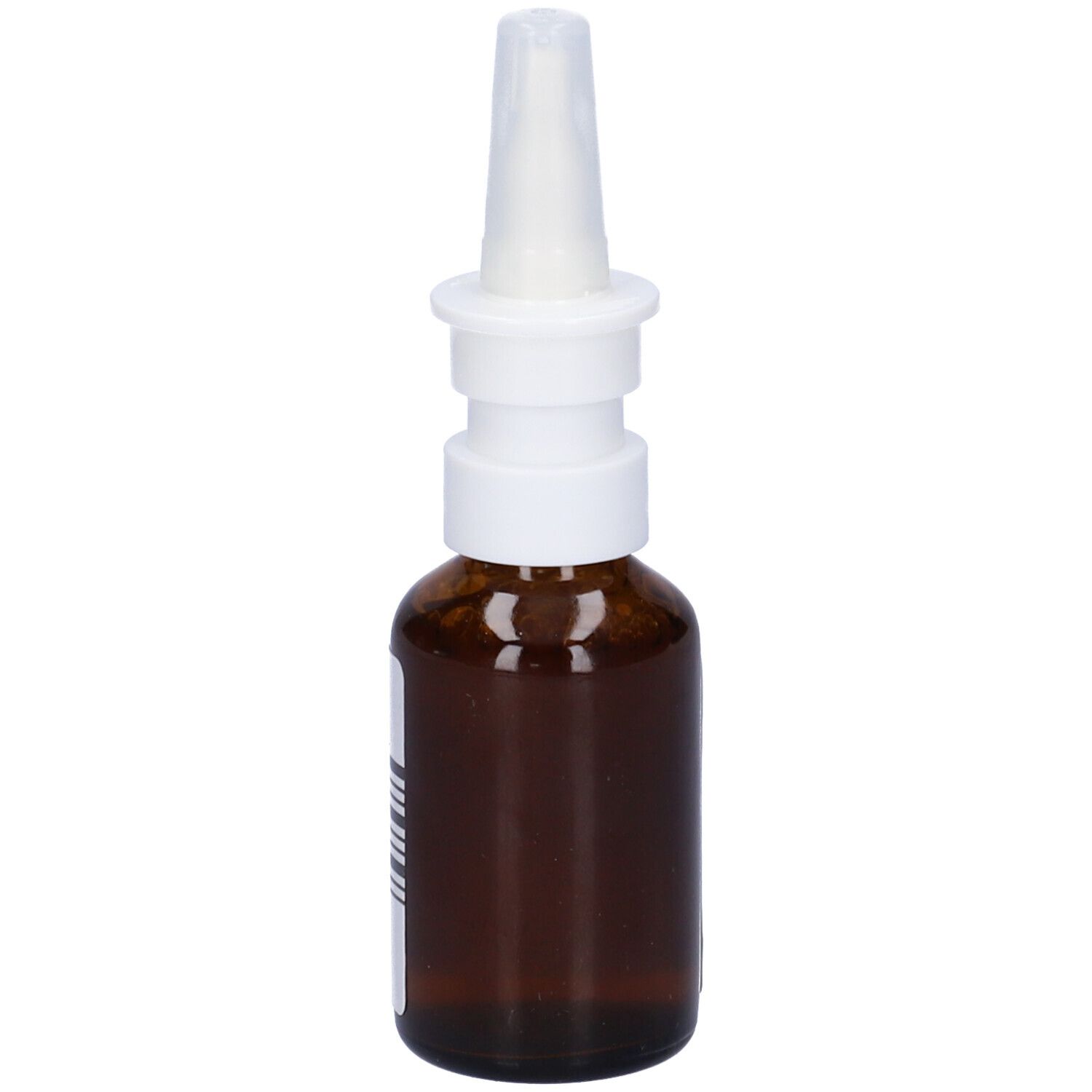 Flacone di vetro marrone con erogatore bianco. Nome del prodotto non visibile. Etichetta con codice a barre.