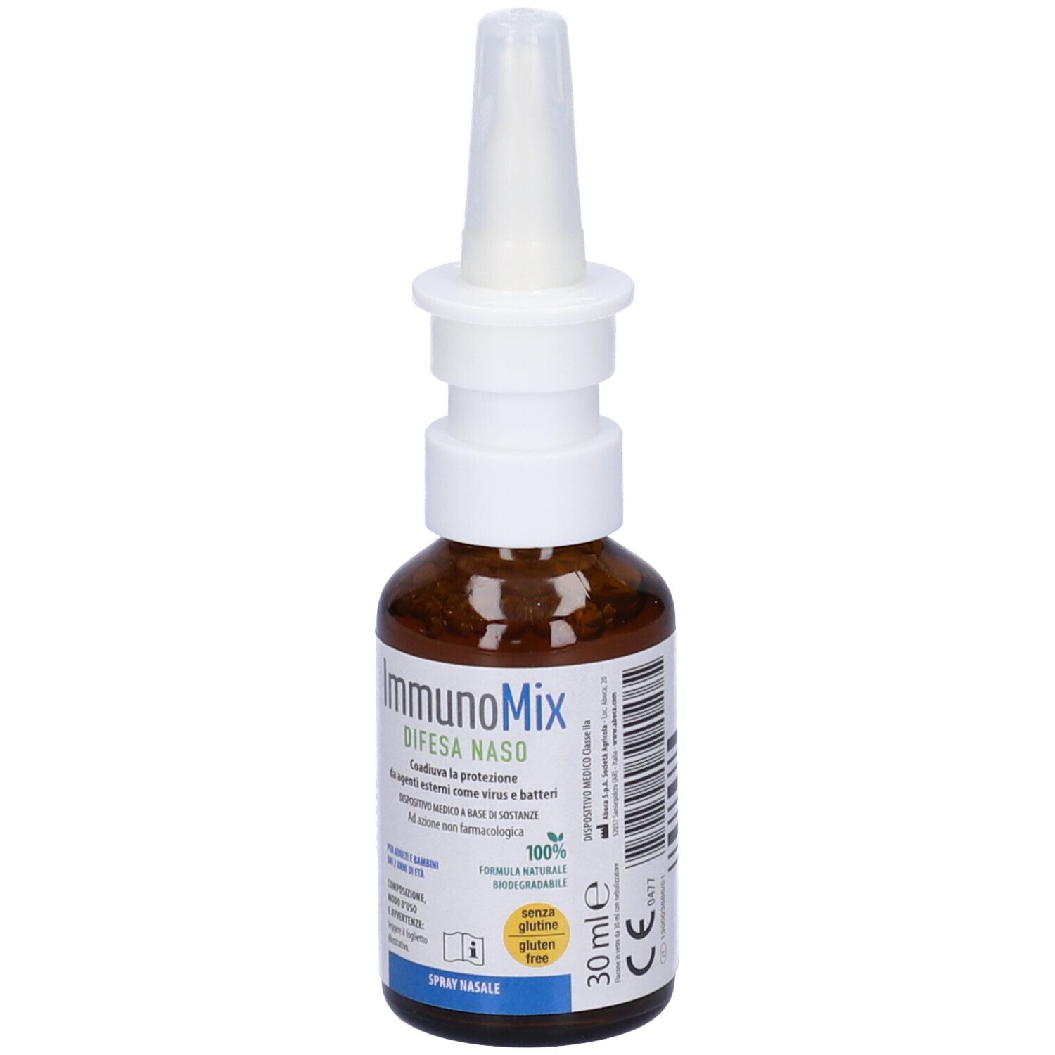 Flacone di vetro marrone con erogatore bianco. Scritta: ImmunoMix Difesa Naso. 30 ml. Senza glutine.