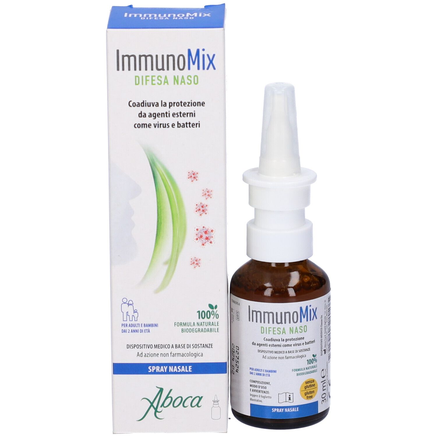 Flacone e scatola. Scatola con nome del prodotto: ImmunoMix Difesa Naso. 30 ml. Logo Aboca.