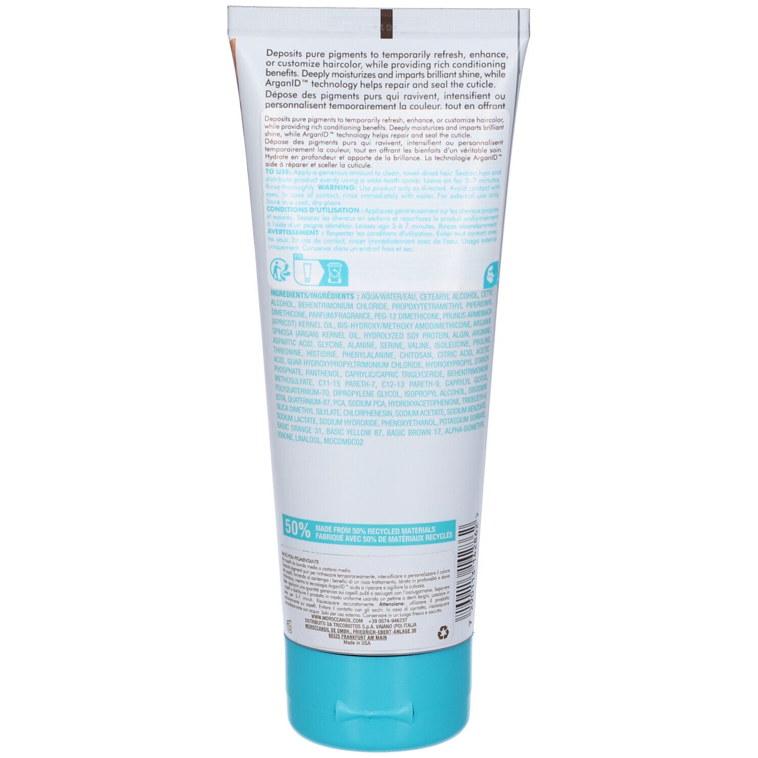 Retro del tubo della maschera per capelli. Confezione turchese e bianca. Testo con ingredienti e informazioni. 50% materiale riciclato.