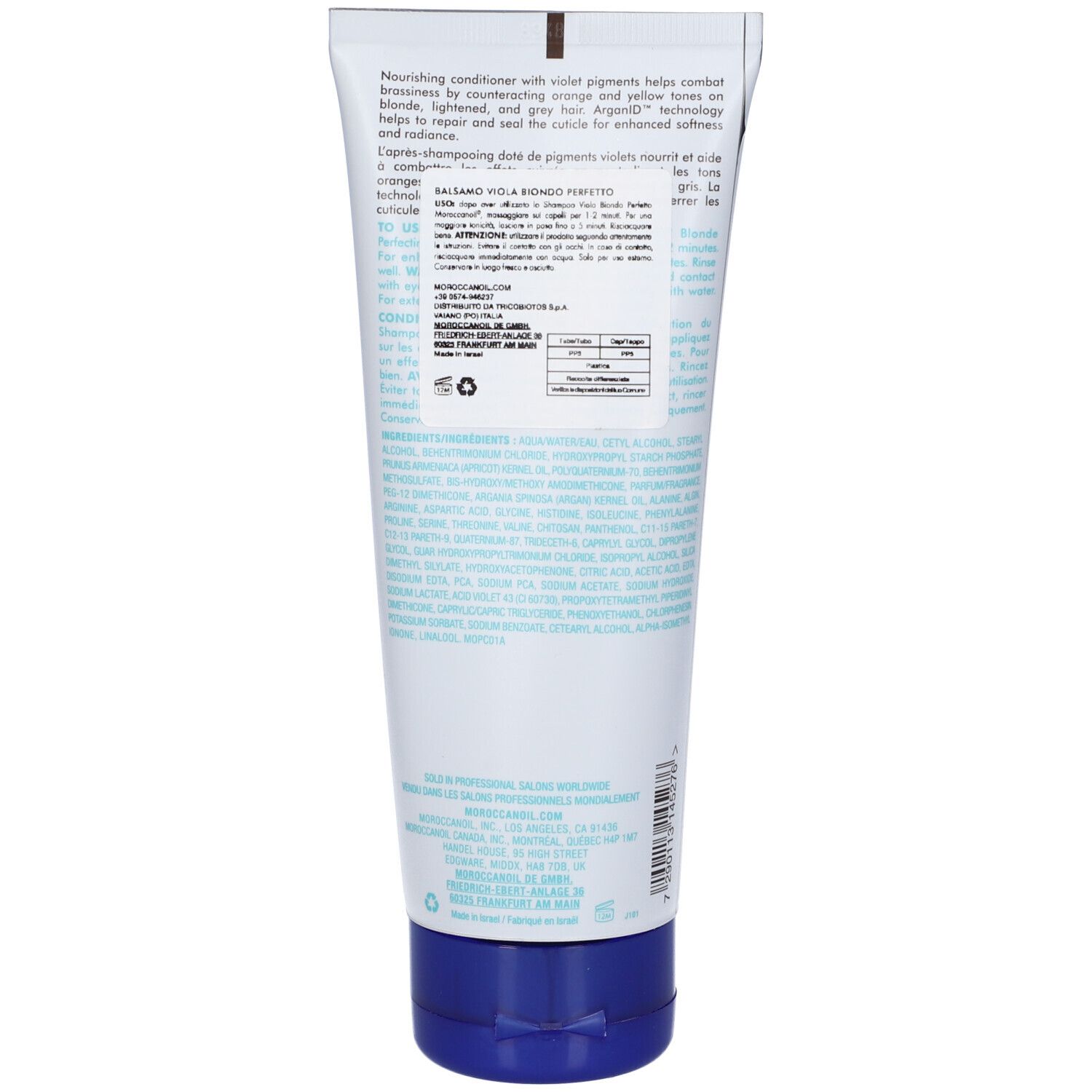 Retro del tubo. Testo con ingredienti e informazioni del produttore. Tappo blu.