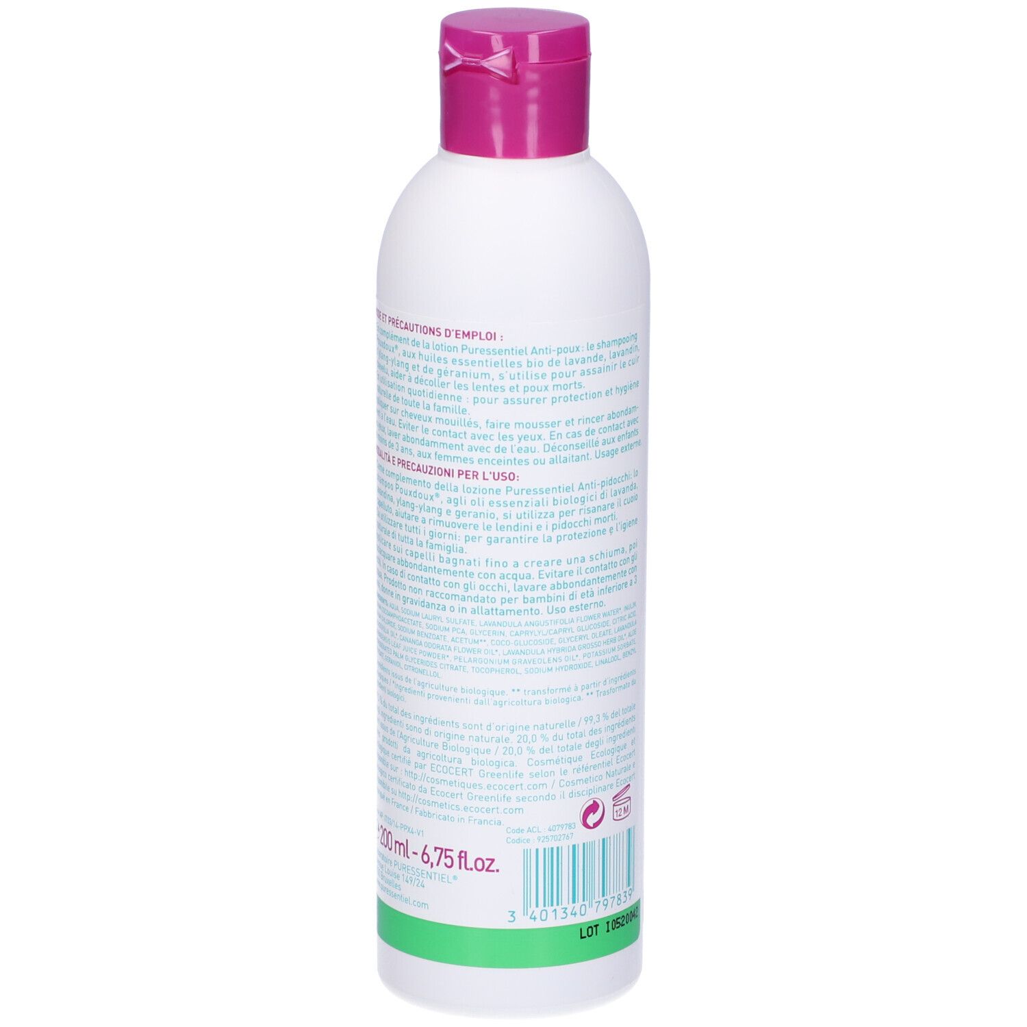 Flacone bianco, tappo rosa. Retro con testo. Volume: 200 ml.