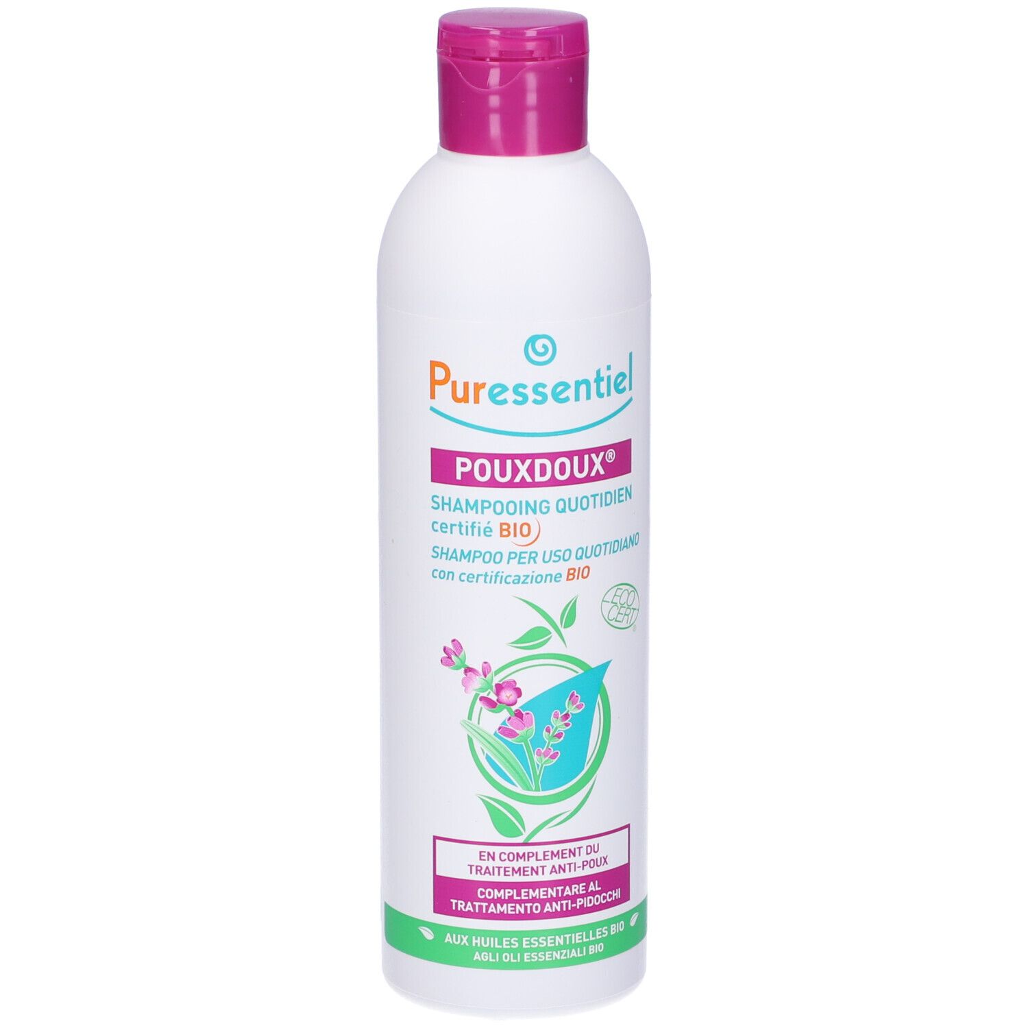 Flacone bianco, tappo rosa. Scritta: Puressentiel Poudoux Shampoing quotidien certifié BIO.
