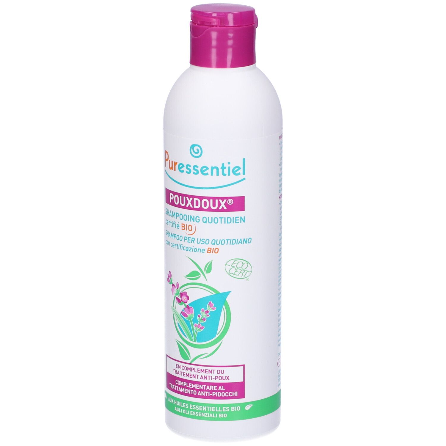 Flacone bianco, tappo rosa. Scritta: Puressentiel Poudoux Shampoing quotidien certifié BIO.