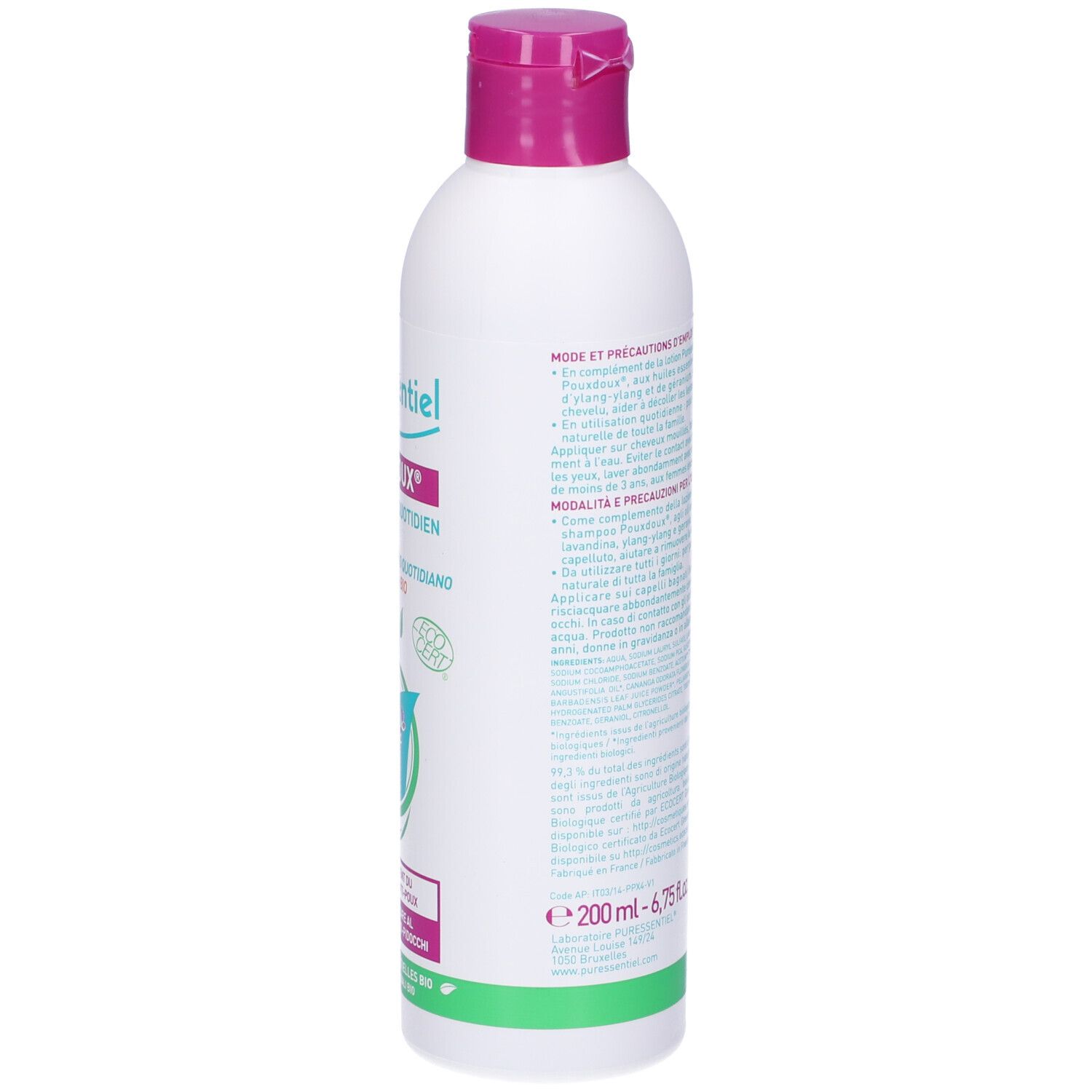 Flacone bianco, tappo rosa. Retro con testo. Volume: 200 ml.