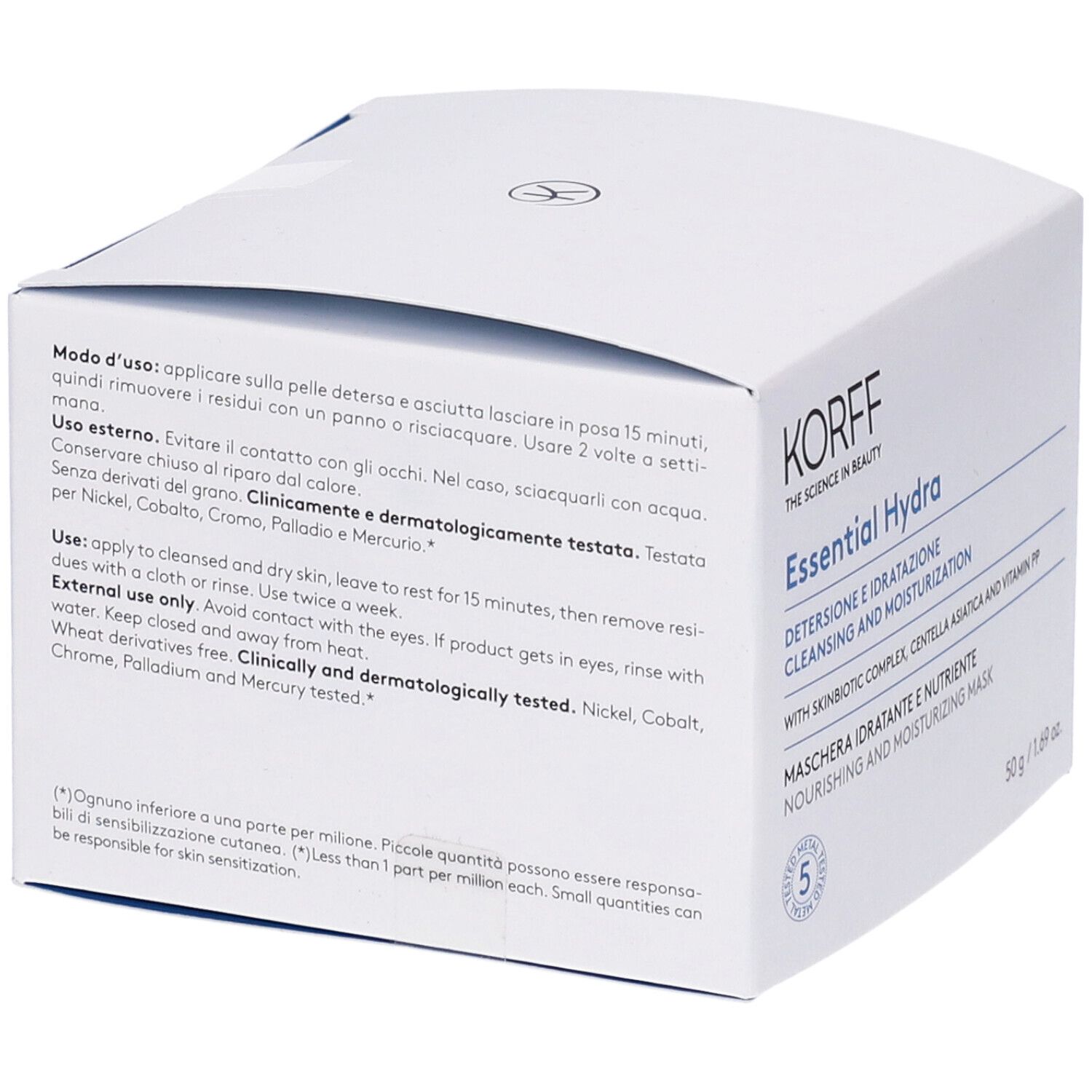 Confezione bianca con testo. Istruzioni per l'uso e ingredienti. Logo KORFF visibile. Testato dermatologicamente.