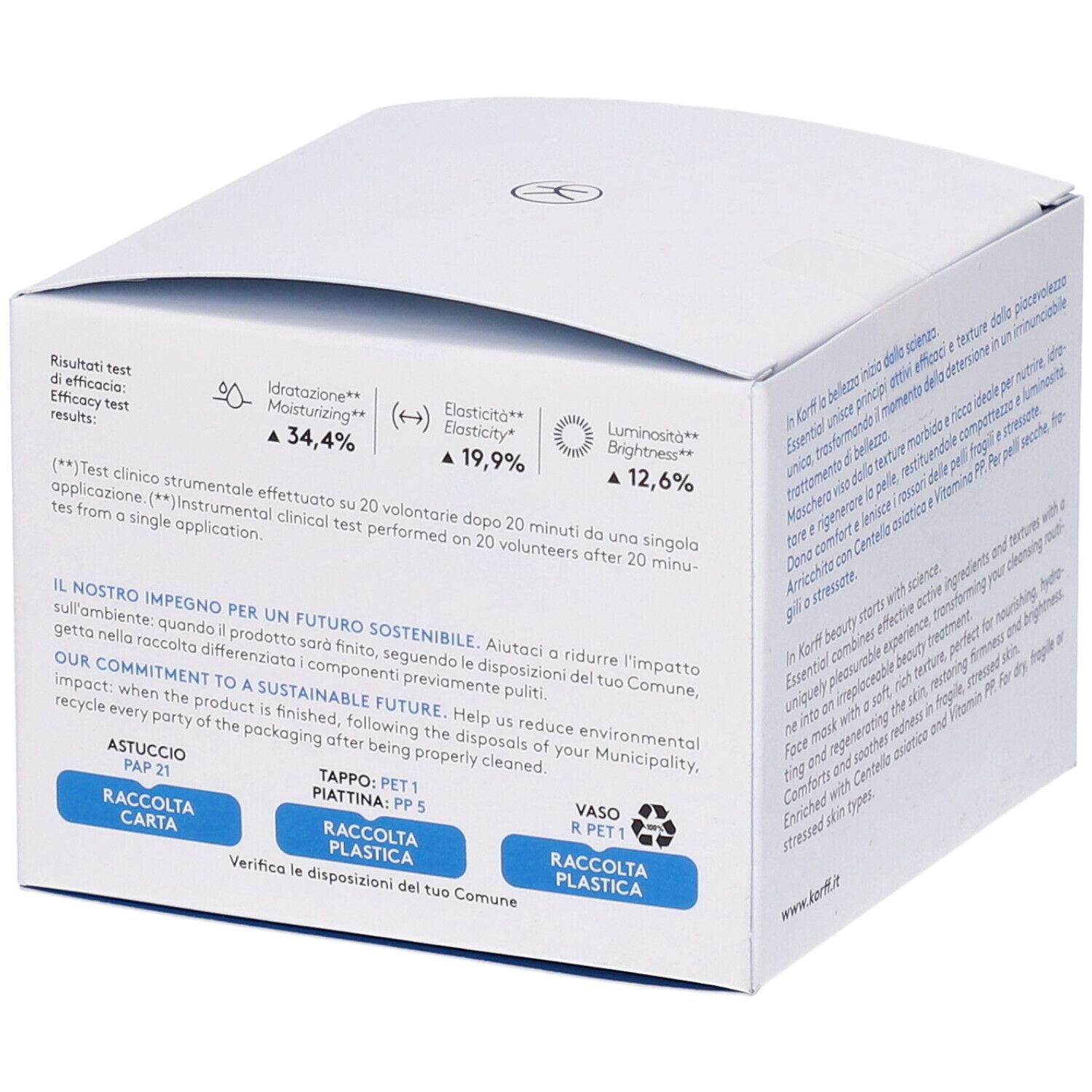 Confezione bianca con testo. Informazioni sulla sostenibilità. Logo KORFF e nome del prodotto visibili.