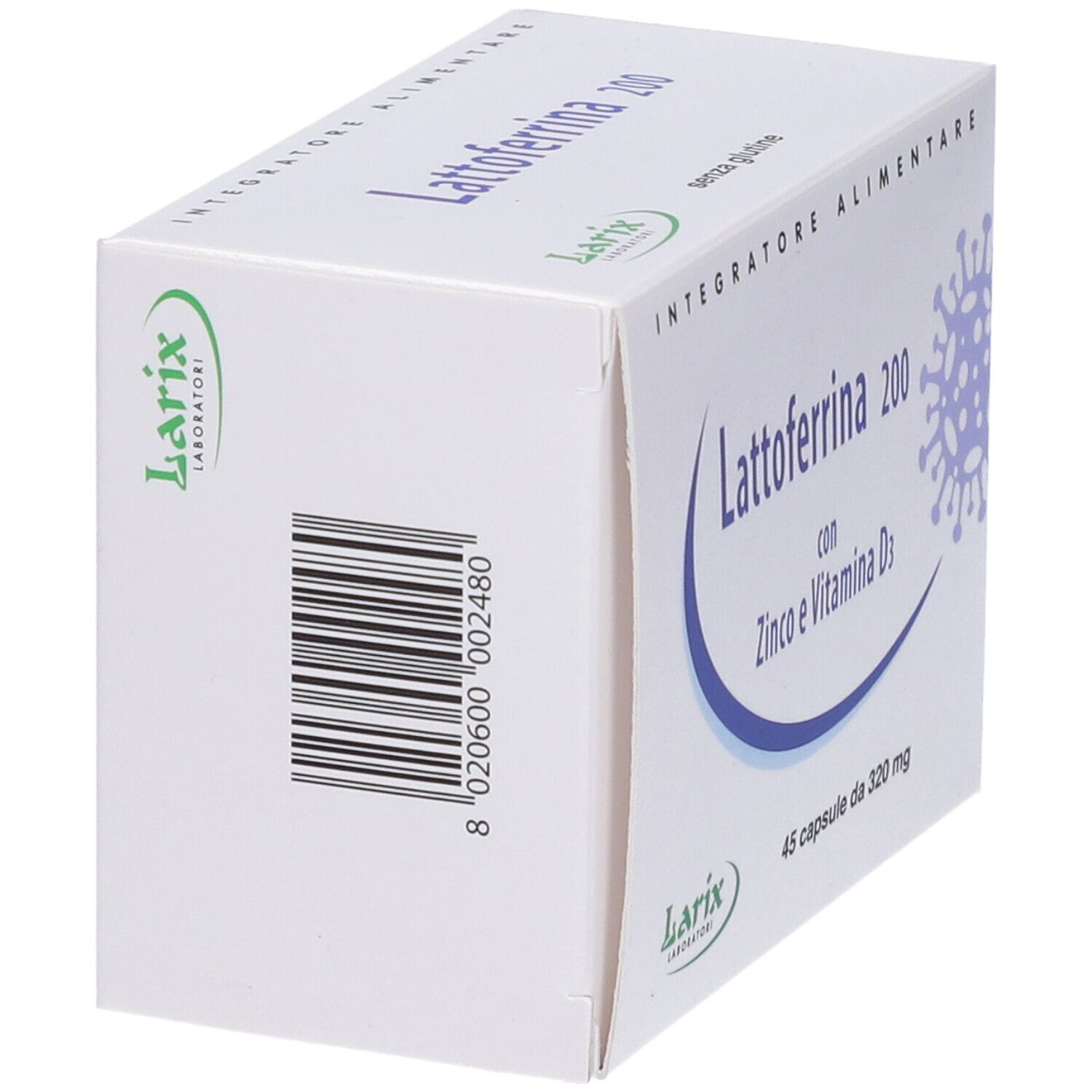 Scatola bianca con codice a barre e logo Larix. Scritta: Lattoferrina 200. Senza glutine. Integratore alimentare.