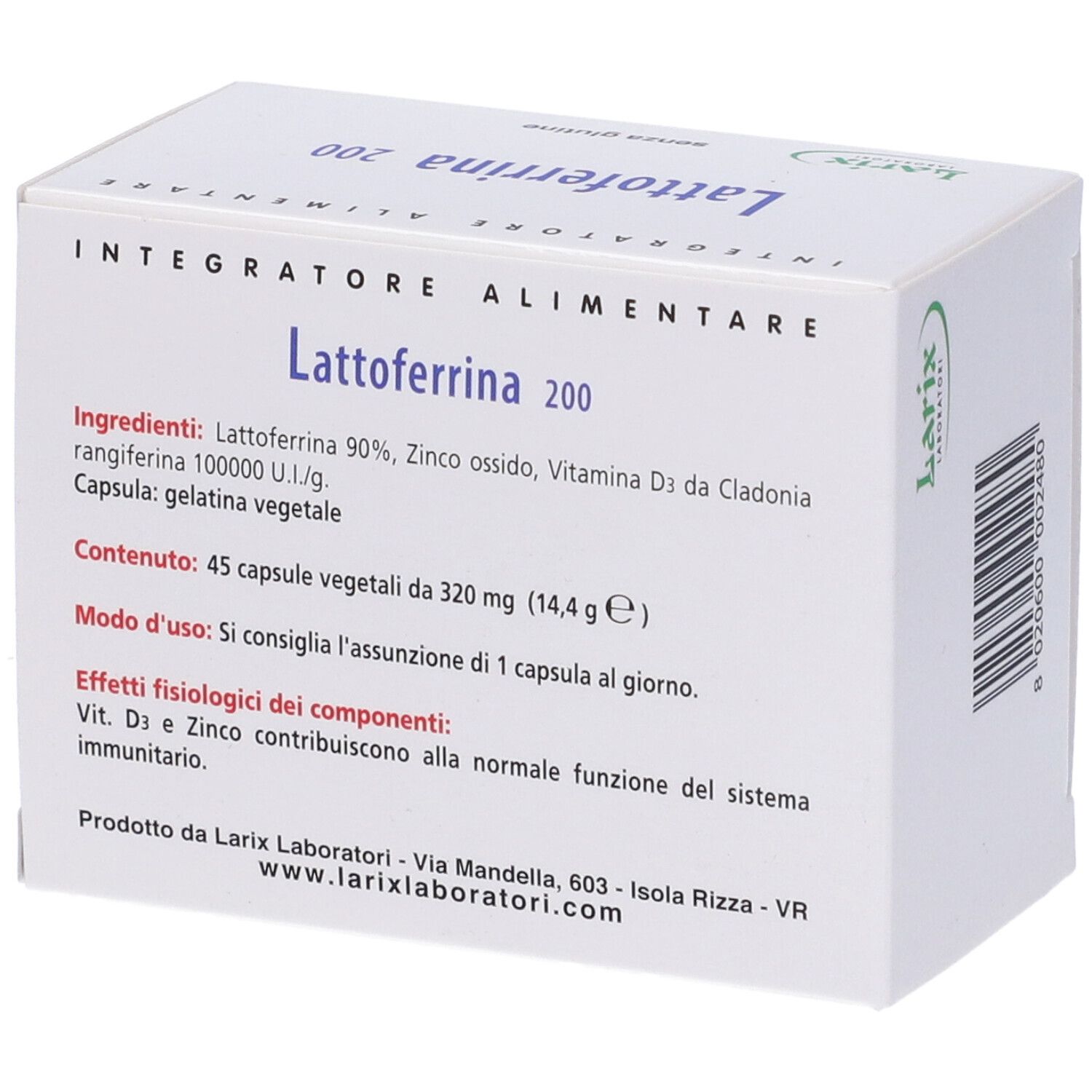 Retro della scatola bianca. Ingredienti, contenuto, istruzioni per l'uso e informazioni del produttore. Lattoferrina 200.