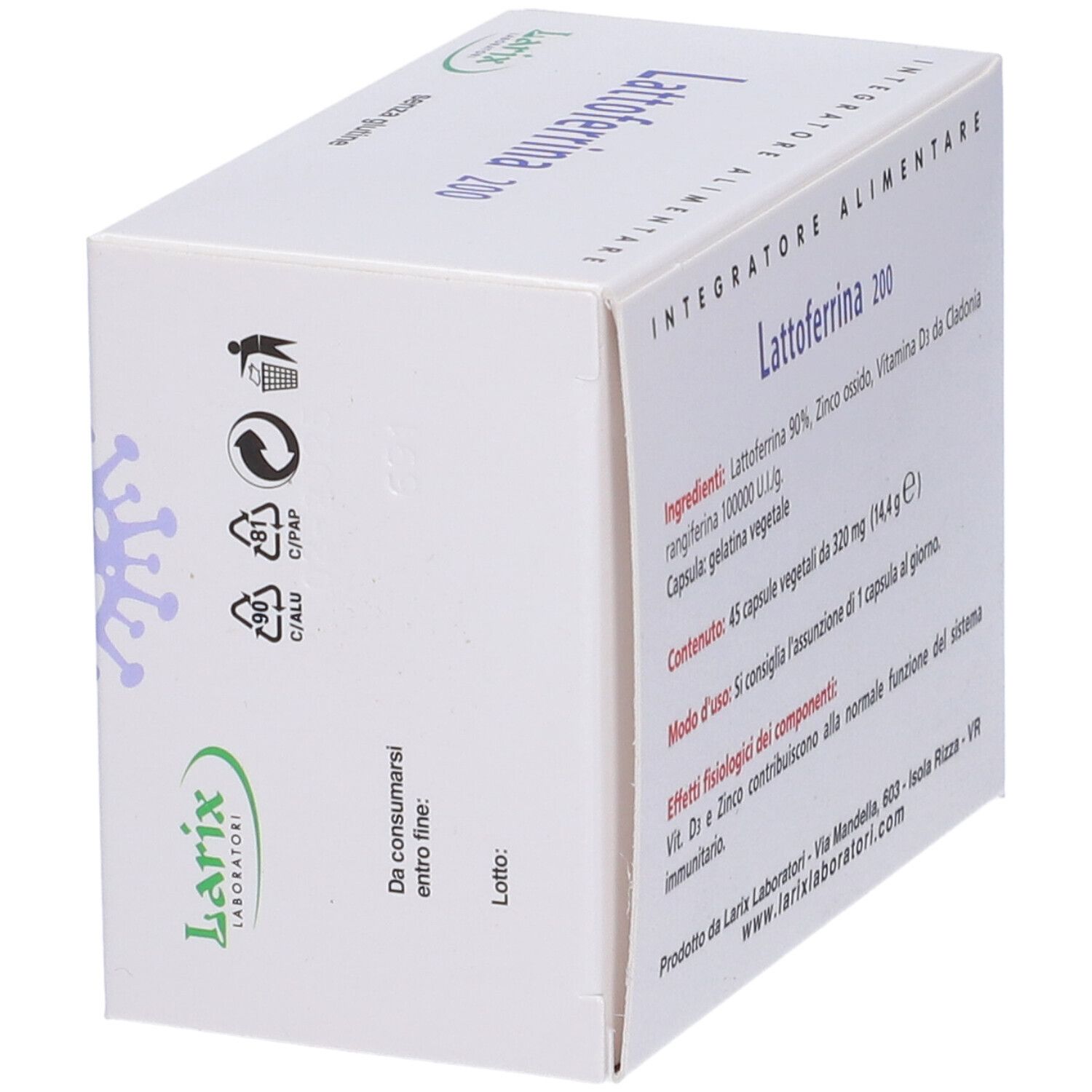 Retro della scatola bianca con simboli di riciclaggio e data di scadenza. Lattoferrina 200.