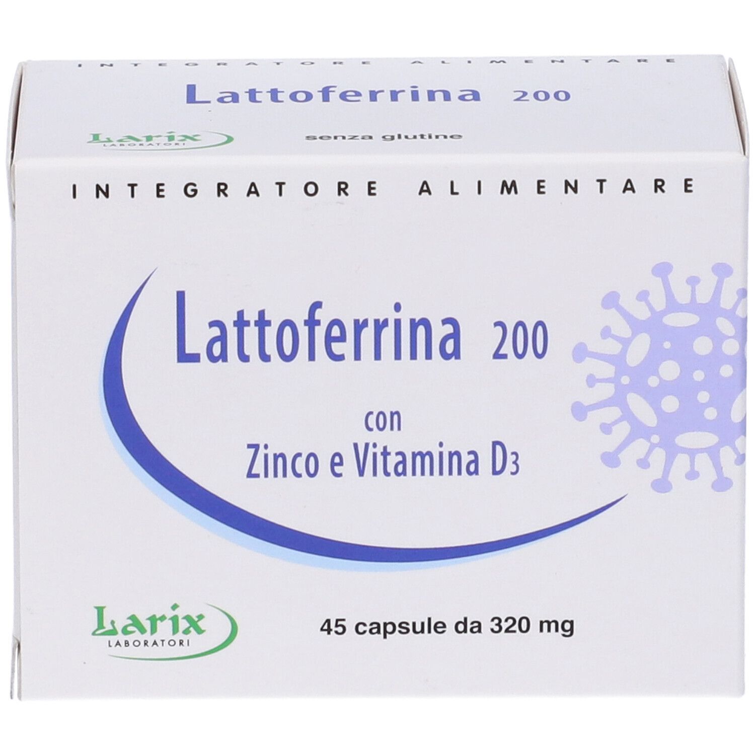 Scatola bianca con testo blu: Lattoferrina 200, con Zinco e Vitamina D3. Logo Larix. 45 capsule.
