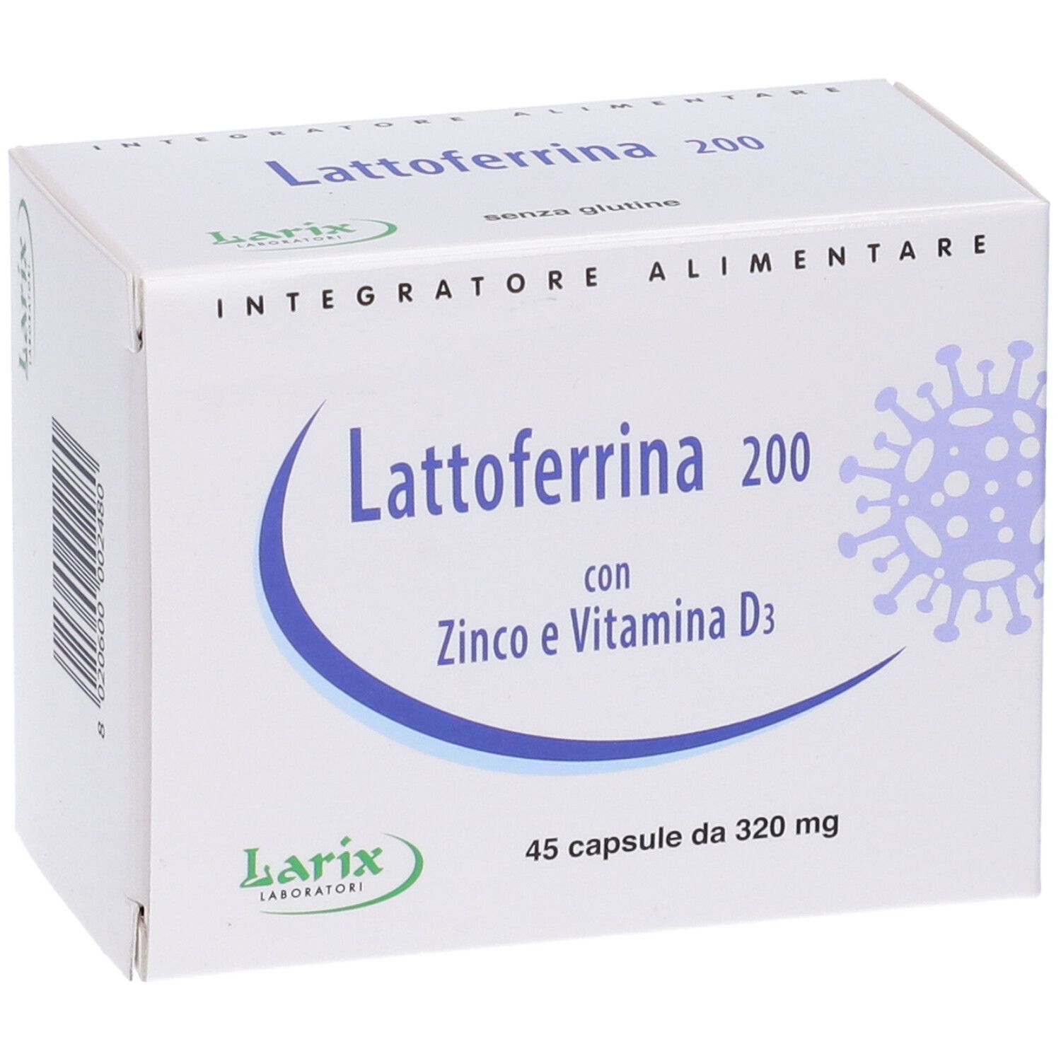 Scatola bianca con testo blu: Lattoferrina 200, con Zinco e Vitamina D3. Logo Larix. 45 capsule.