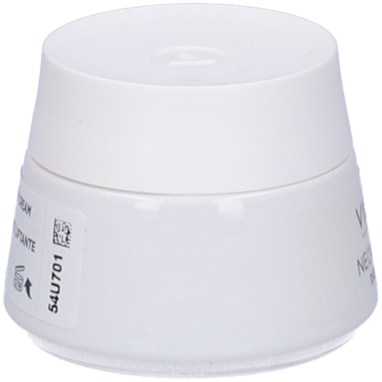 Vasetto bianco con coperchio bianco. Adesivo con testo e codice. Crema Vichy Neovadiol.