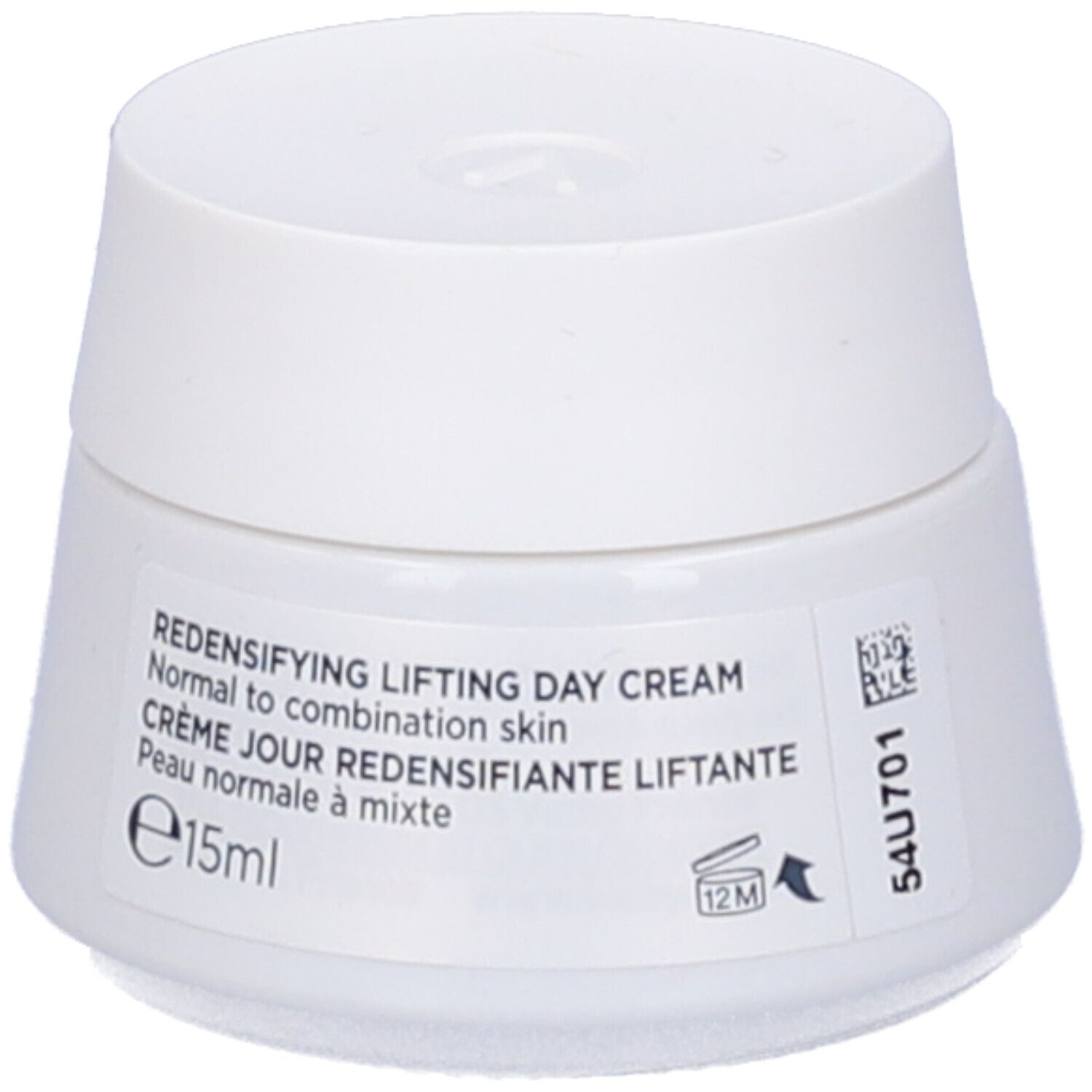 Vasetto bianco con coperchio bianco. Adesivo: Redensifying Lifting Day Cream, 15ml. Pelle mista.