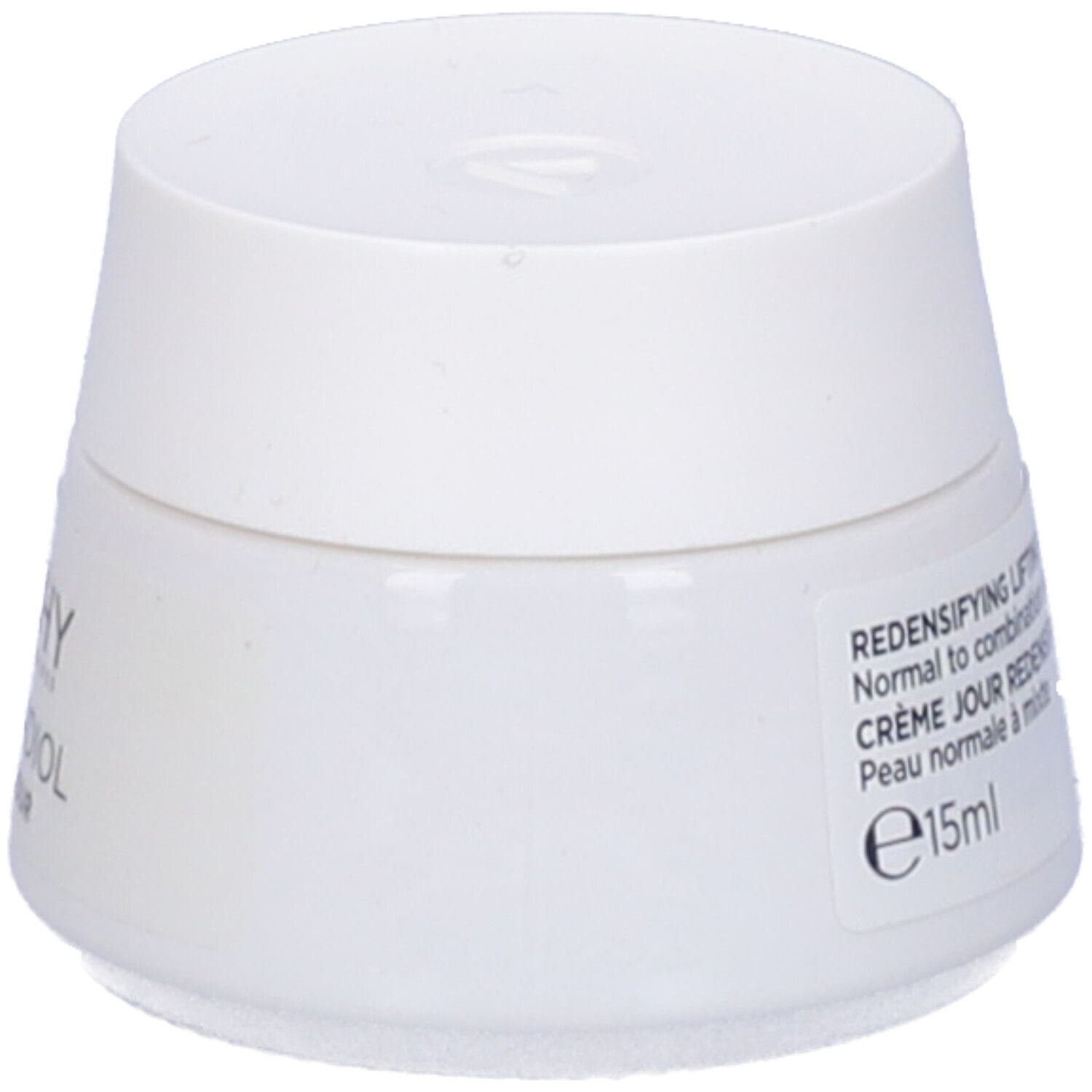 Vasetto bianco con coperchio bianco. Adesivo: Redensifying Lifting Day Cream, 15ml. Pelle mista.