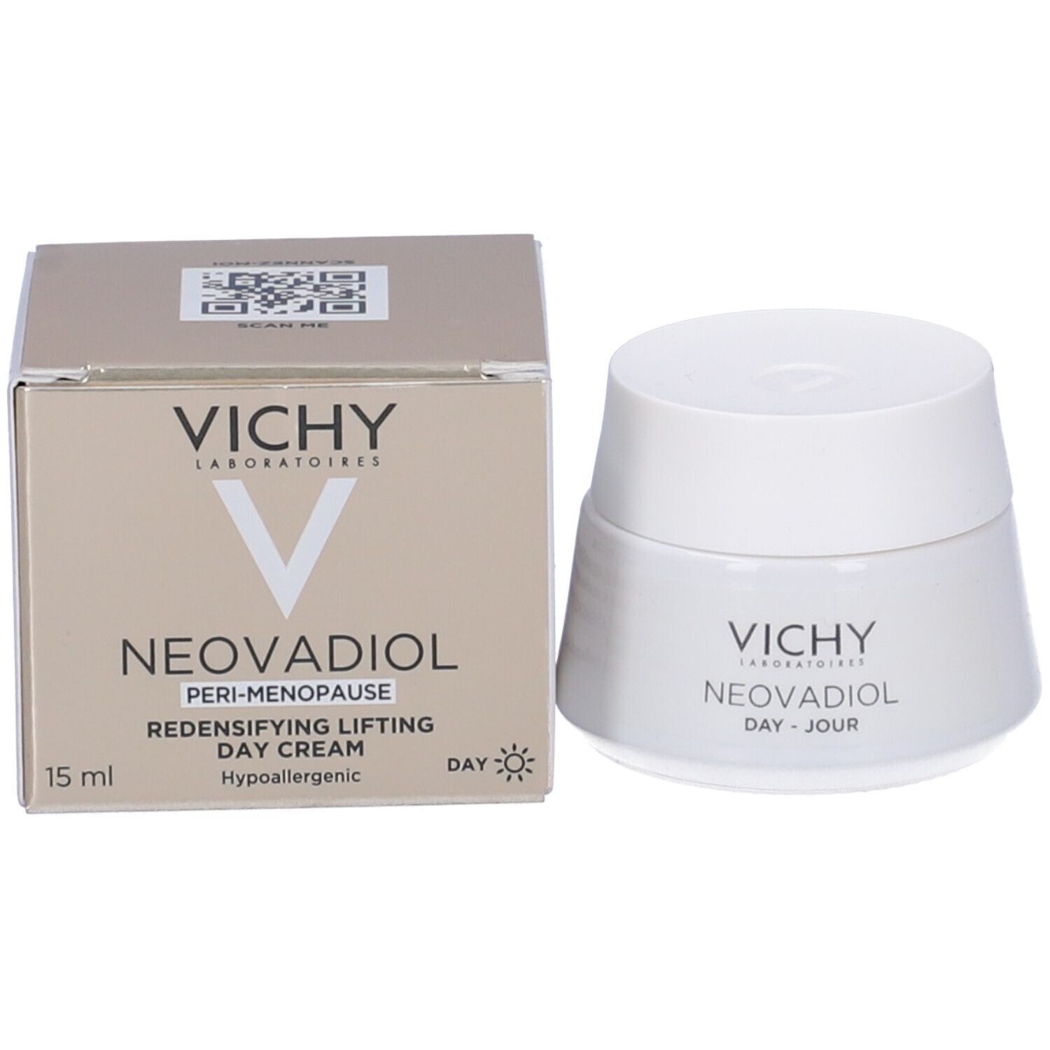 Scatola beige e vasetto bianco. Scatola: Vichy Neovadiol crema giorno. Vasetto: Vichy Neovadiol Day-Jour.