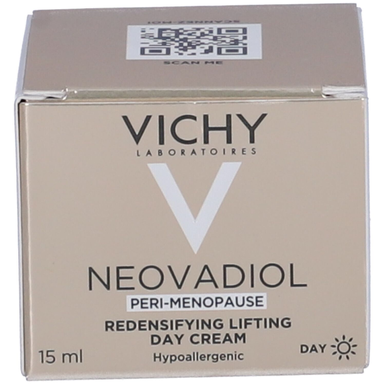 Scatola beige Vichy Neovadiol crema giorno. Testo: Peri-Menopausa, Redensifying Lifting Day Cream, 15 ml. Codice QR.