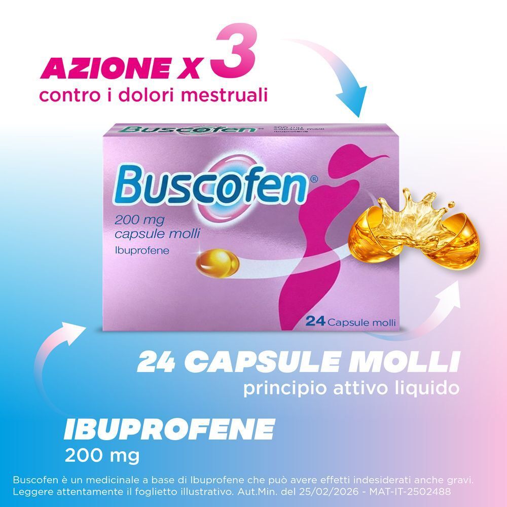 Confezione Buscofen 24 capsule molli, Ibuprofene 200 mg, principio attivo liquido.