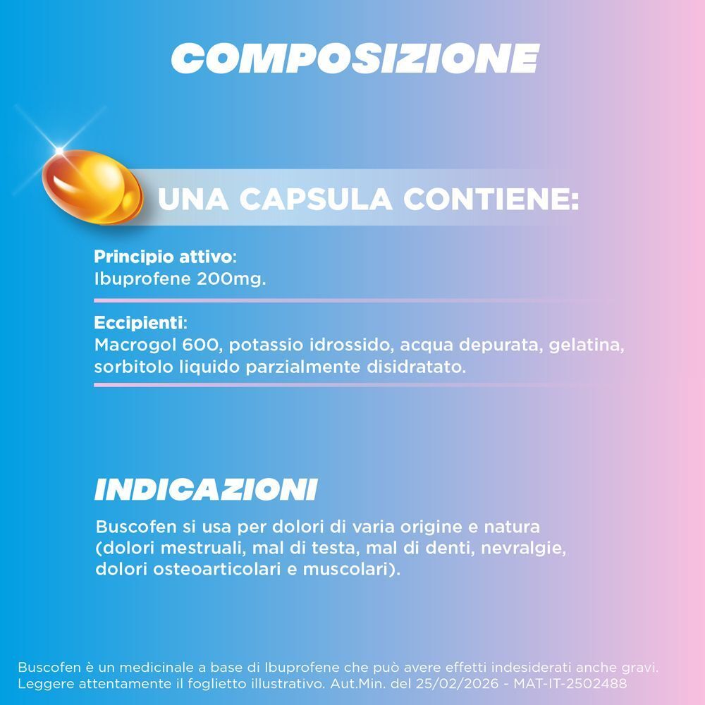 Composizione Buscofen: Ibuprofene 200 mg per capsula. Indicazioni: dolori.