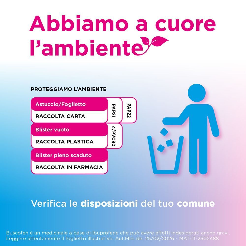 Buscofen tutela ambientale: smaltimento astuccio e blister.