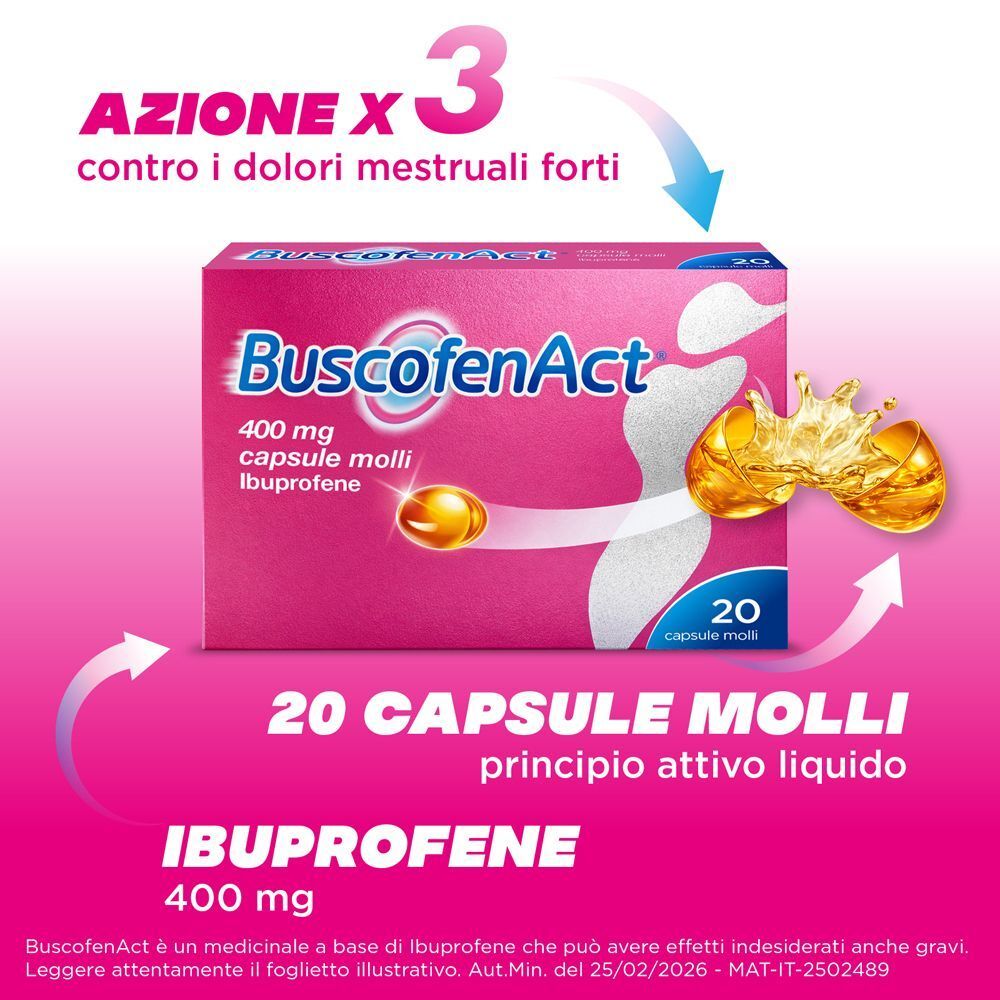 Confezione BuscofenAct, 20 capsule molli di ibuprofene, principio attivo liquido.
