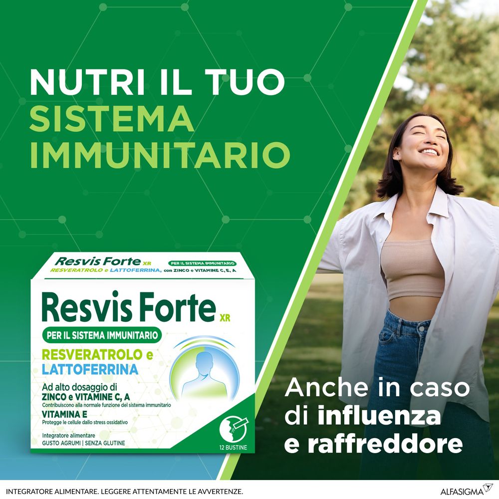 Pubblicità per Resvis Forte XR. Donna all'aperto, testo: Nutri il tuo sistema immunitario. Anche in caso di influenza.