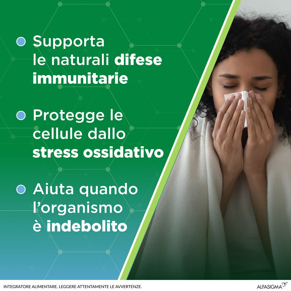 Testo su sfondo verde: Supporta le difese immunitarie naturali, protegge le cellule dallo stress ossidativo, aiuta in caso di debolezza.