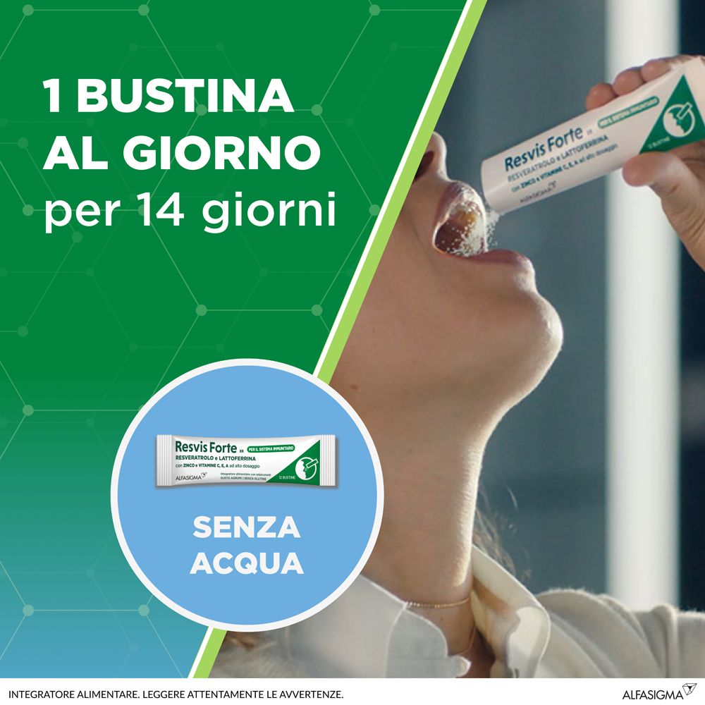 Persona che assume polvere da una bustina. Testo: 1 bustina al giorno per 14 giorni. Senza acqua. Resvis Forte XR.