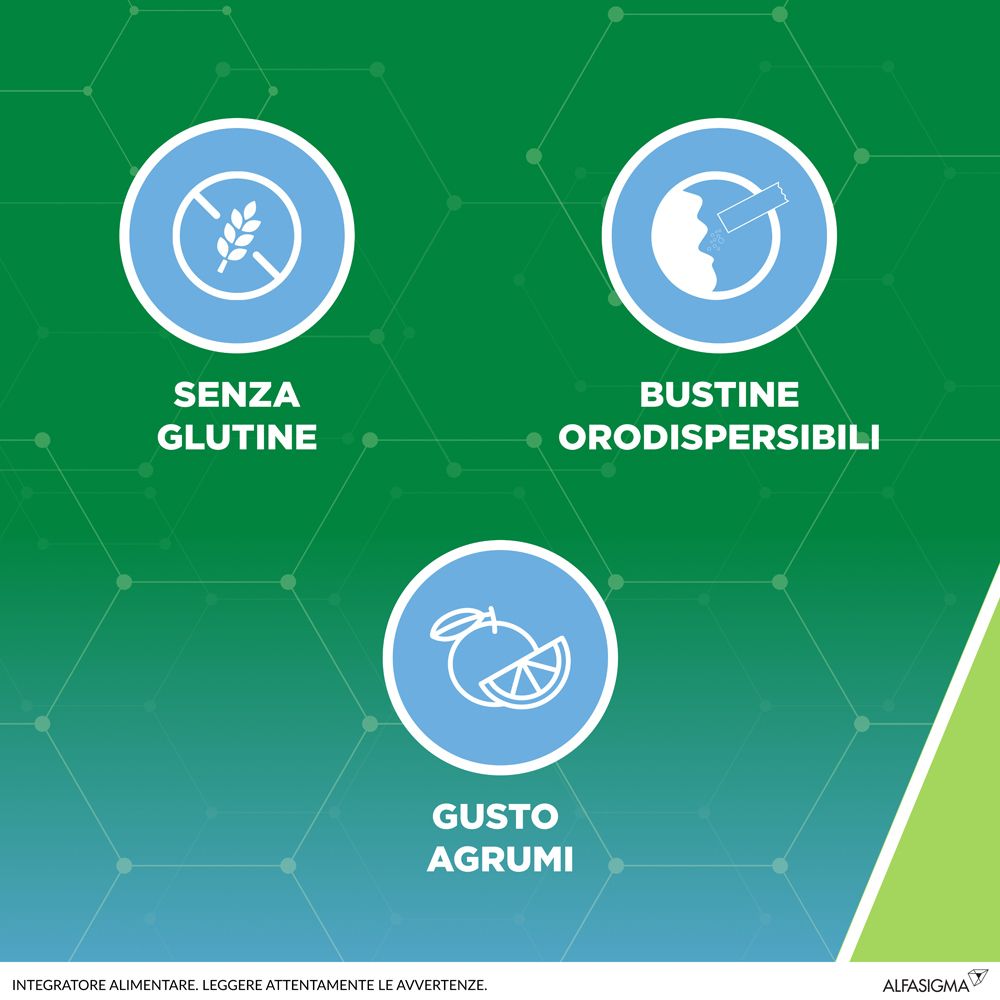 Simboli su sfondo verde: Senza glutine, bustine orodispersibili, gusto agrumi.