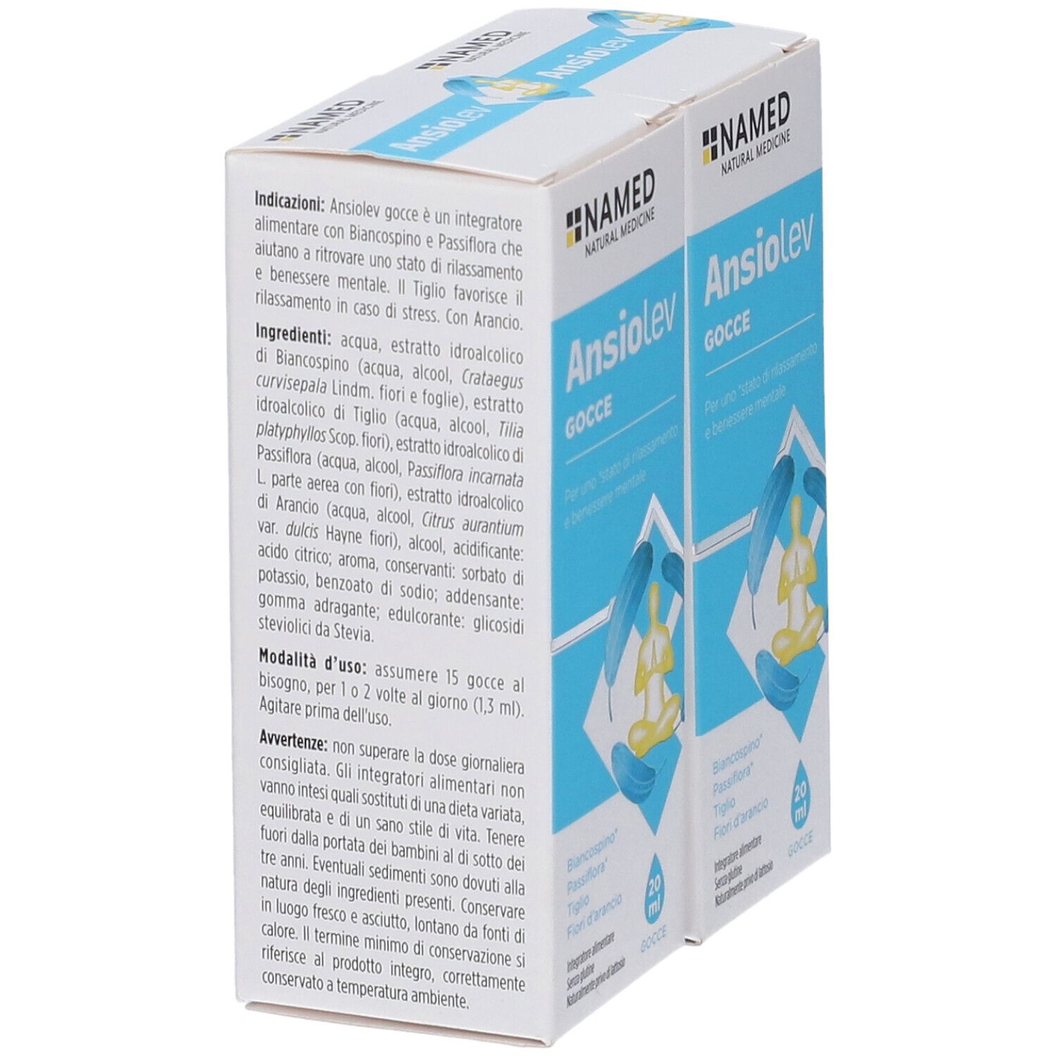 Due scatole di NAMED Ansiolev Gocce. Vista laterale con ingredienti e istruzioni. Contiene 20 ml.