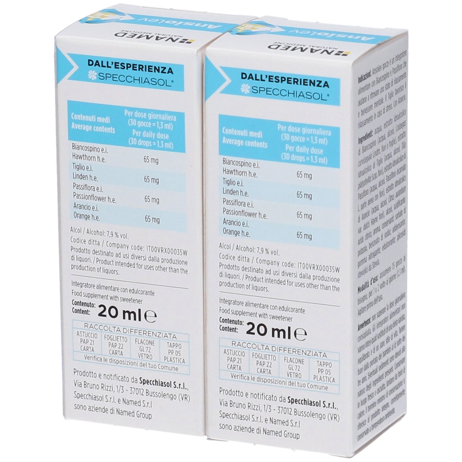 Due scatole di NAMED Ansiolev Gocce. Retro con informazioni nutrizionali e ingredienti. Contiene 20 ml.