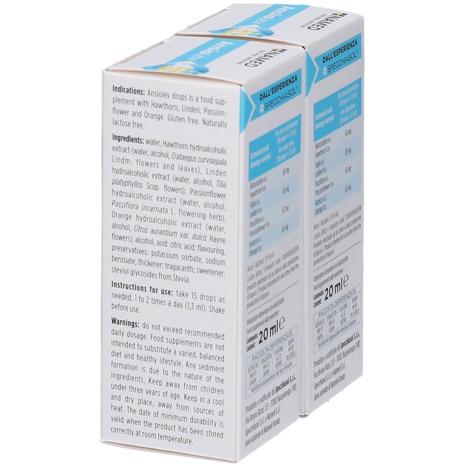 Due scatole di NAMED Ansiolev Gocce. Retro con ingredienti e istruzioni per l'uso. Contiene 20 ml.