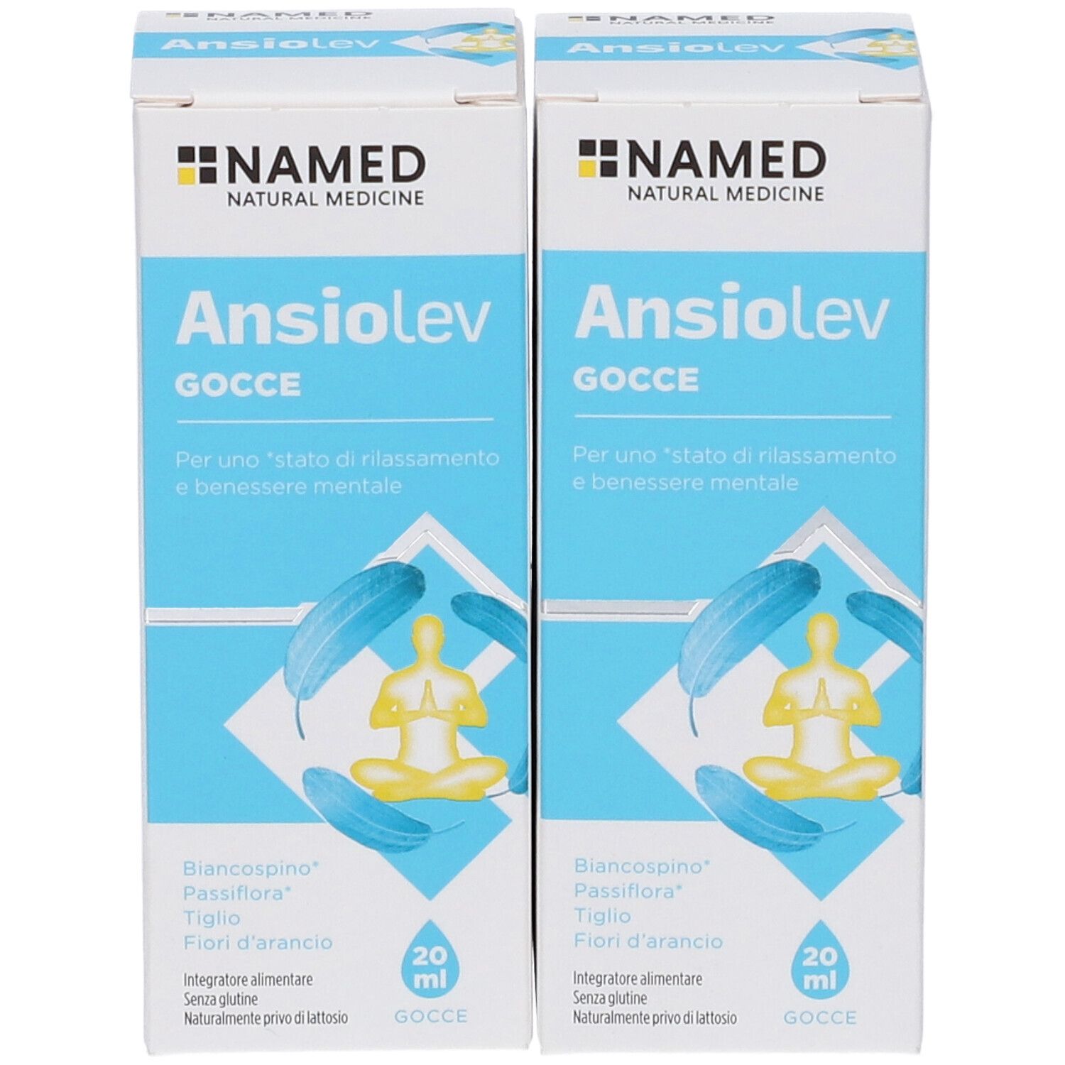 Due scatole di NAMED Ansiolev Gocce. Confezione blu e bianca con nome e logo del prodotto. Contiene 20 ml.