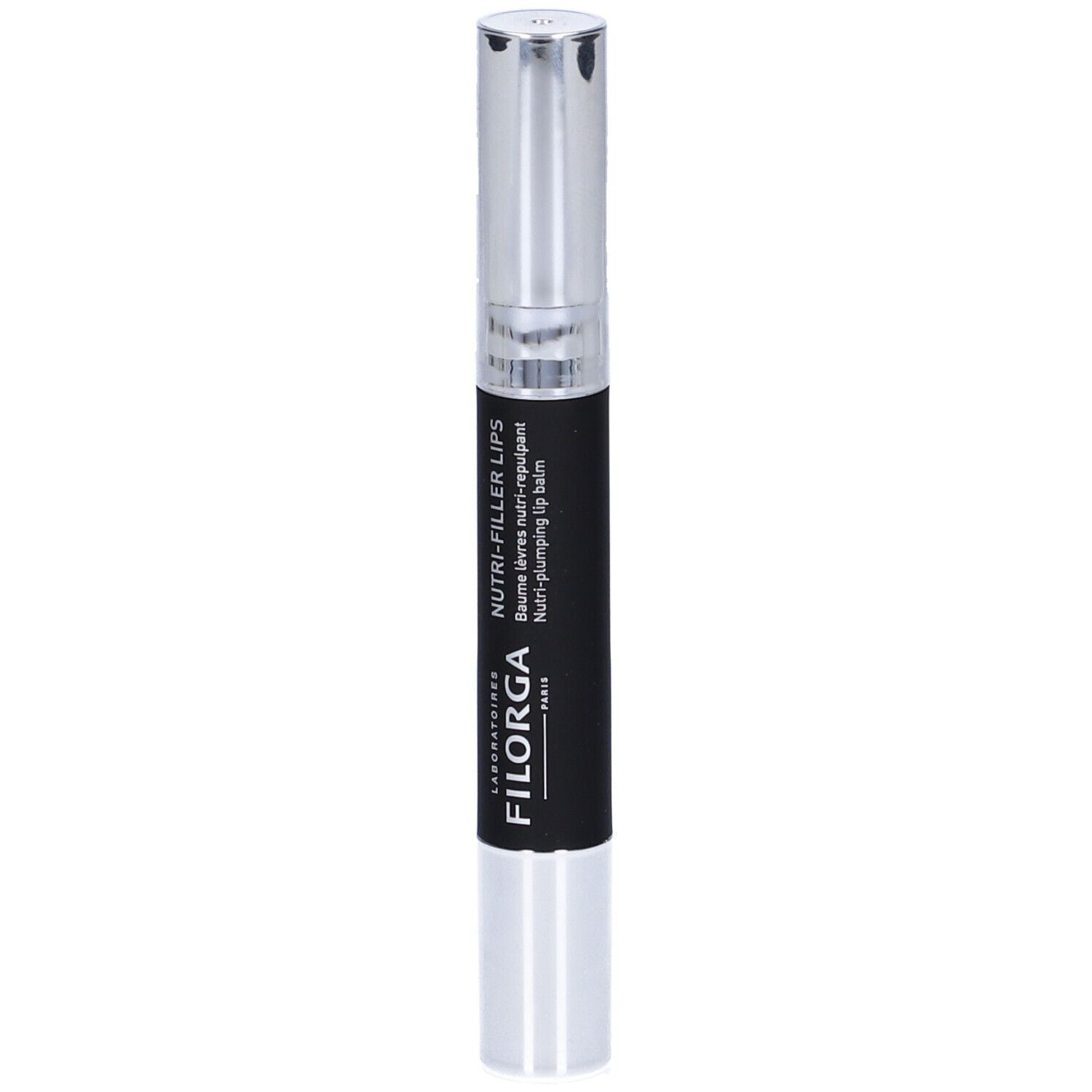 Balsamo labbra con tappo argentato e corpo nero. Scritta: NUTRI-FILLER LIPS, FILORGA.