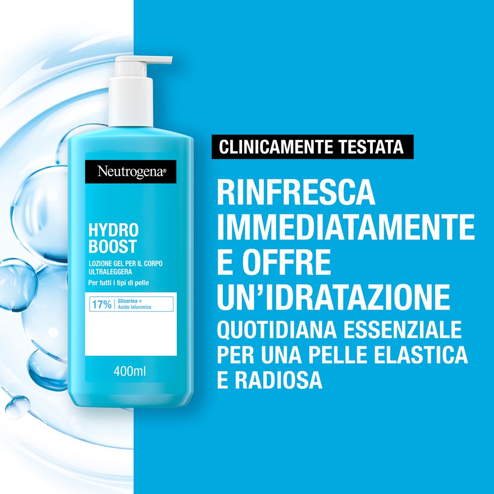 Lozione corpo Neutrogena Hydro Boost in flacone blu con dispenser a pompa.