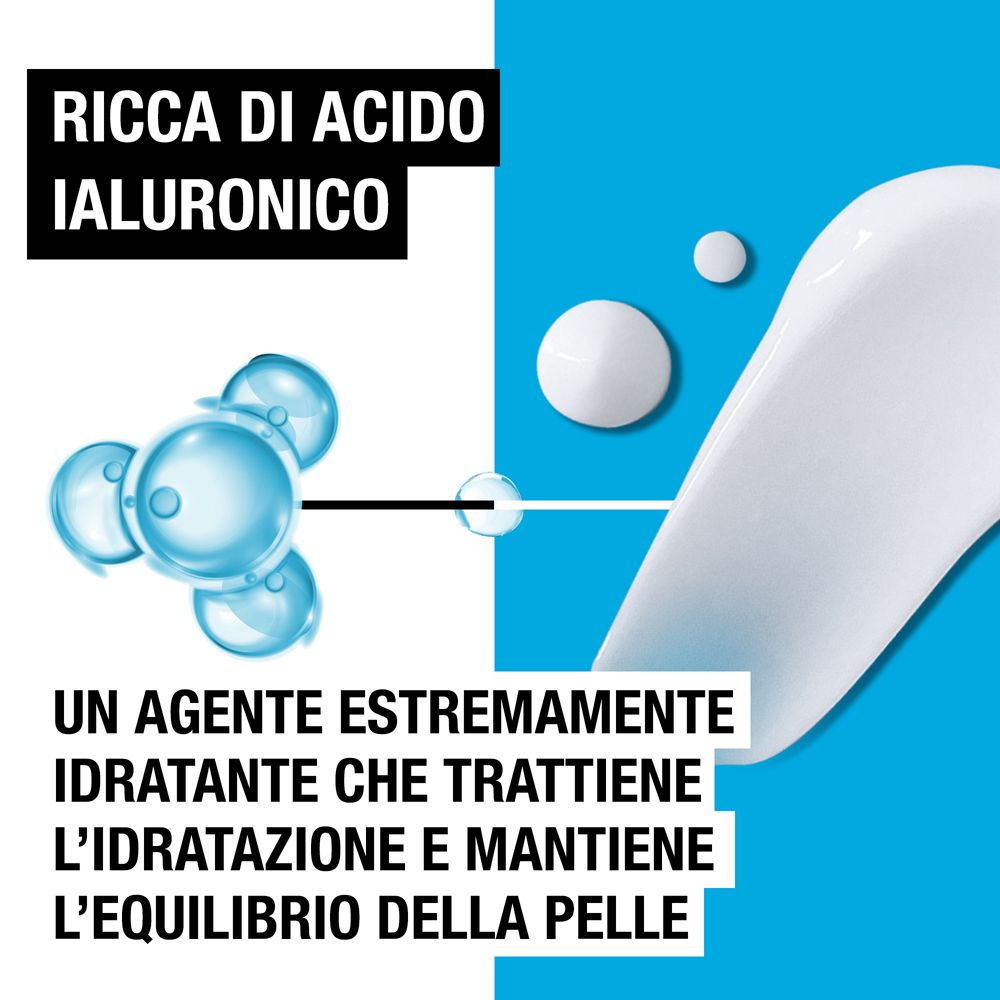 Struttura molecolare dell'acido ialuronico e texture cremosa.