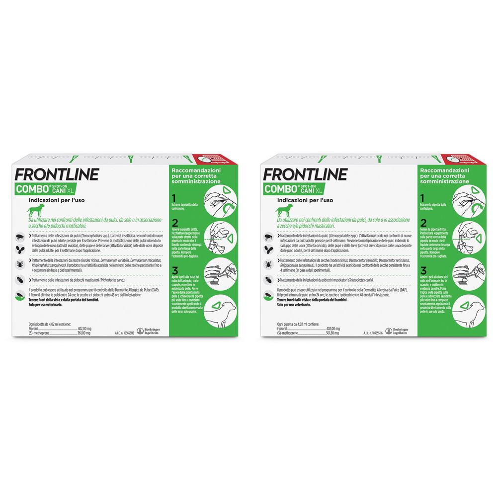 Due scatole di Frontline Combo Cani XL. Retro con istruzioni e illustrazioni. Confezione verde e bianca.