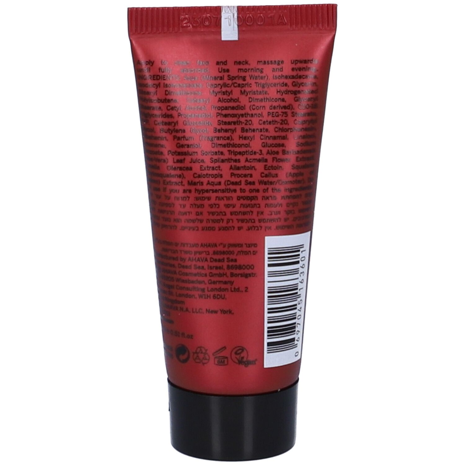 Retro del tubo rosso. Testo con ingredienti e informazioni sul produttore. Codice a barre in basso.