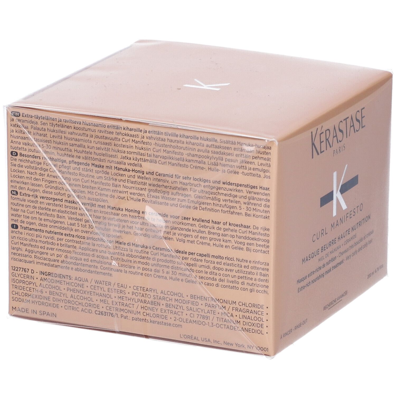 Confezione Kérastase. Testo multilingue. Scritta: CURL MANIFESTO MASQUE BEURRE HAUTE NUTRITION.