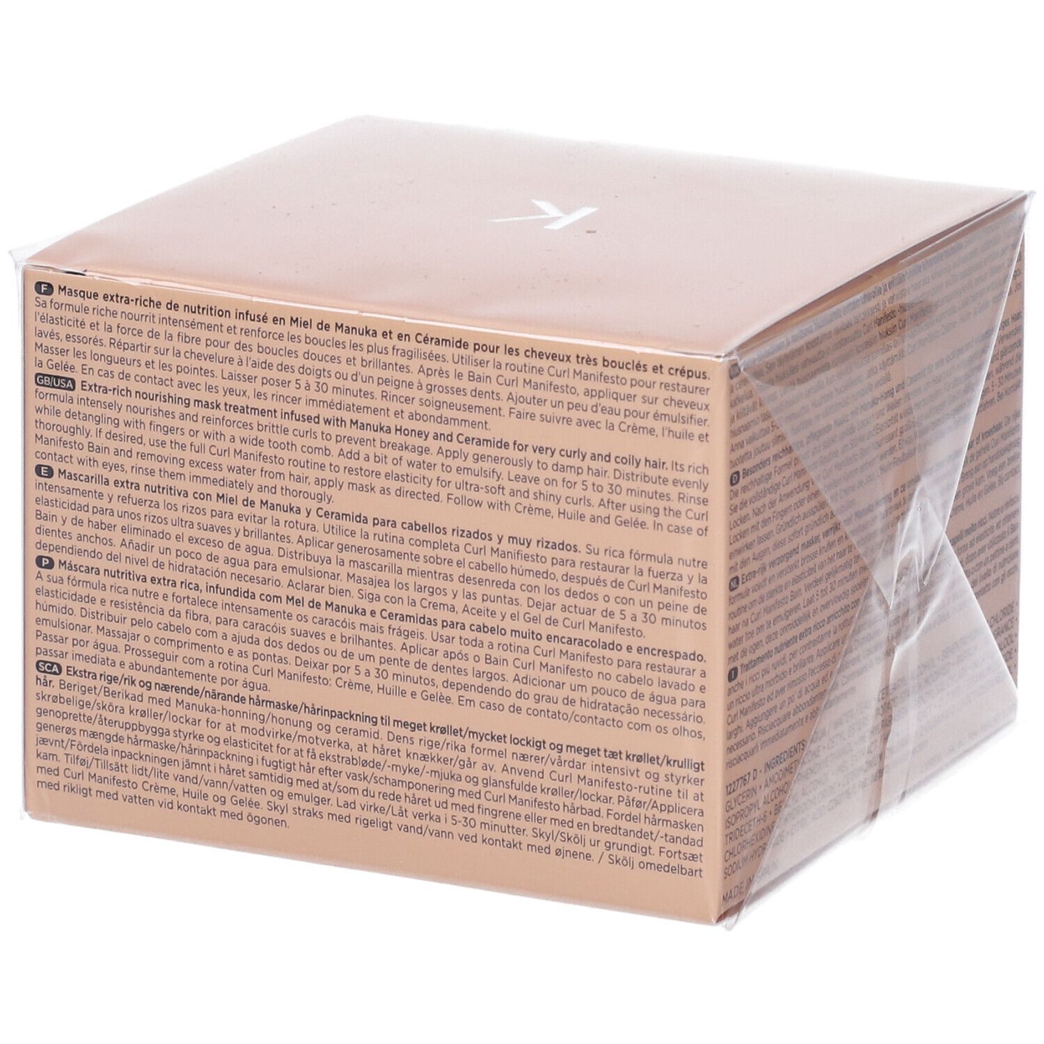 Confezione Kérastase. Testo multilingue. Scritta: CURL MANIFESTO MASQUE BEURRE HAUTE NUTRITION.