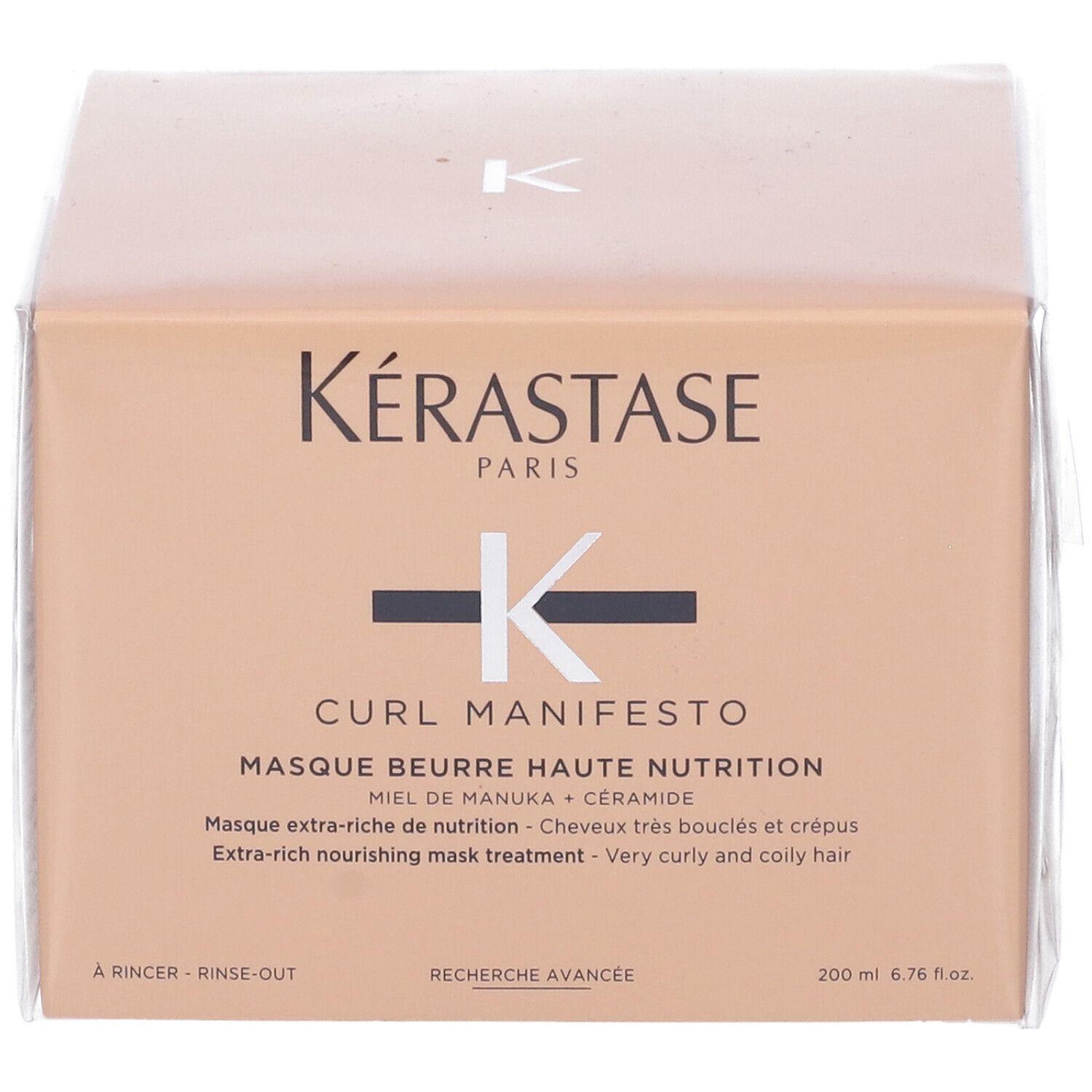 Confezione Kérastase. Scritta: CURL MANIFESTO MASQUE BEURRE HAUTE NUTRITION. Maschera extra-ricca per capelli ricci.