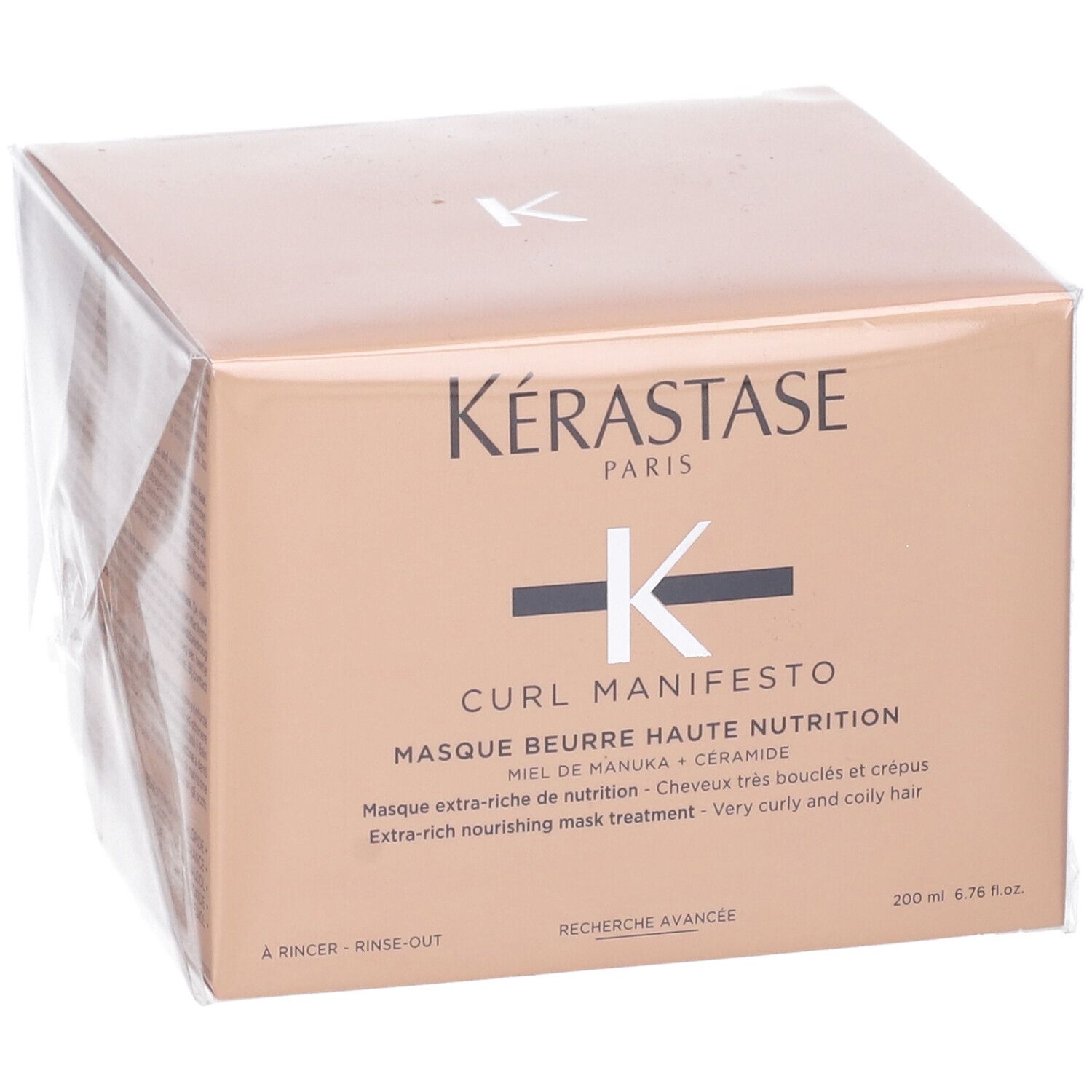 Confezione Kérastase. Scritta: CURL MANIFESTO MASQUE BEURRE HAUTE NUTRITION. Maschera extra-ricca per capelli ricci.