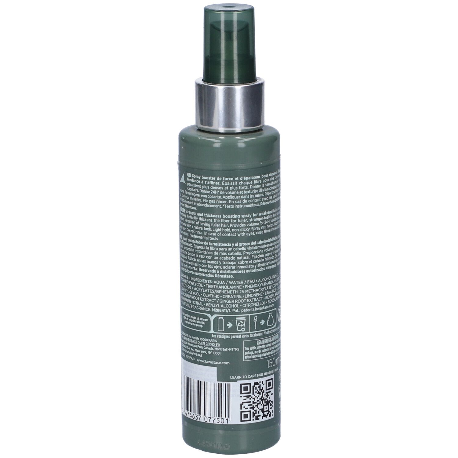 Flacone verde, retro. Kérastase Genesis Homme Spray de Force Épaississant. Testo e simboli.
