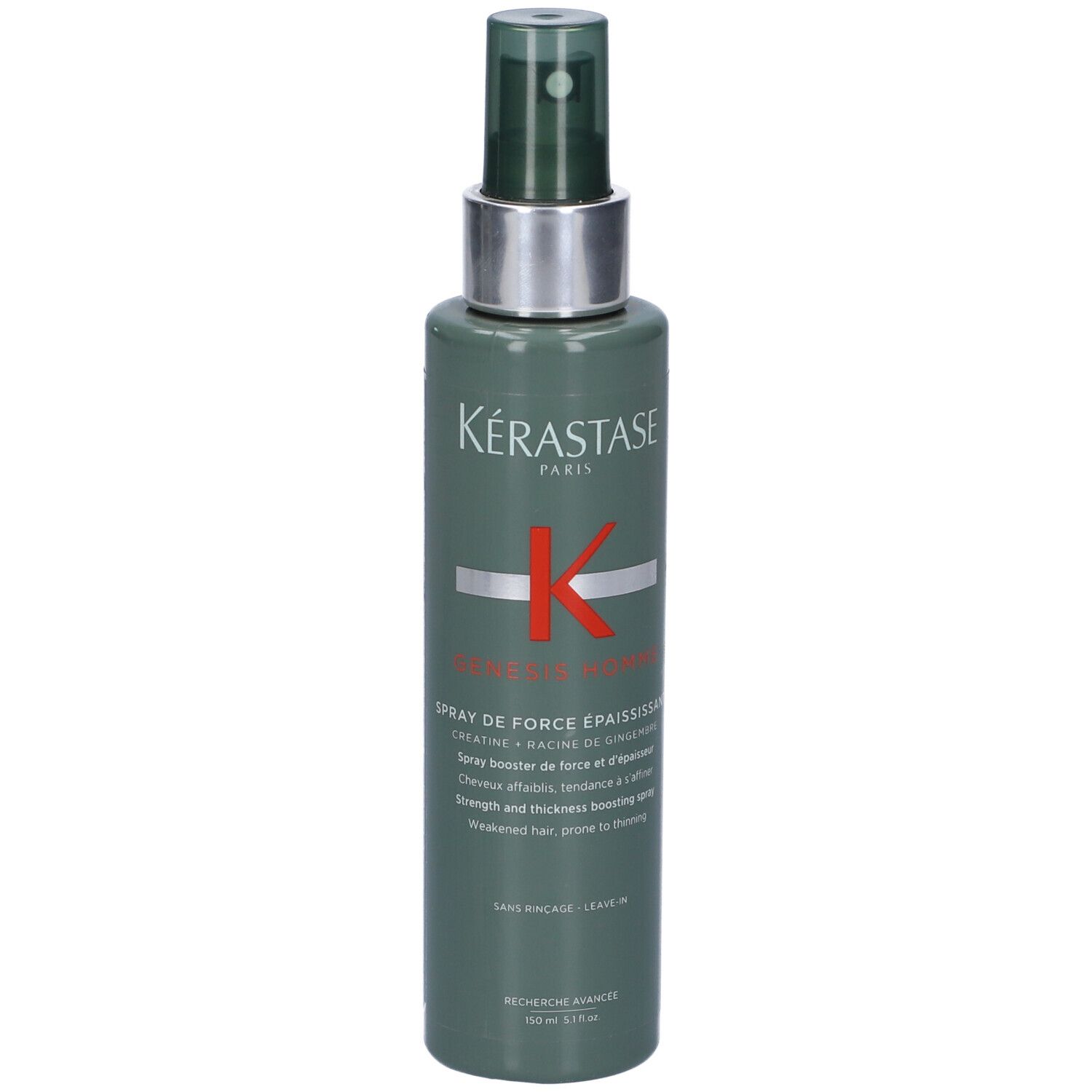 Flacone verde con vaporizzatore. Kérastase Genesis Homme Spray de Force Épaississant. Scritta rossa.