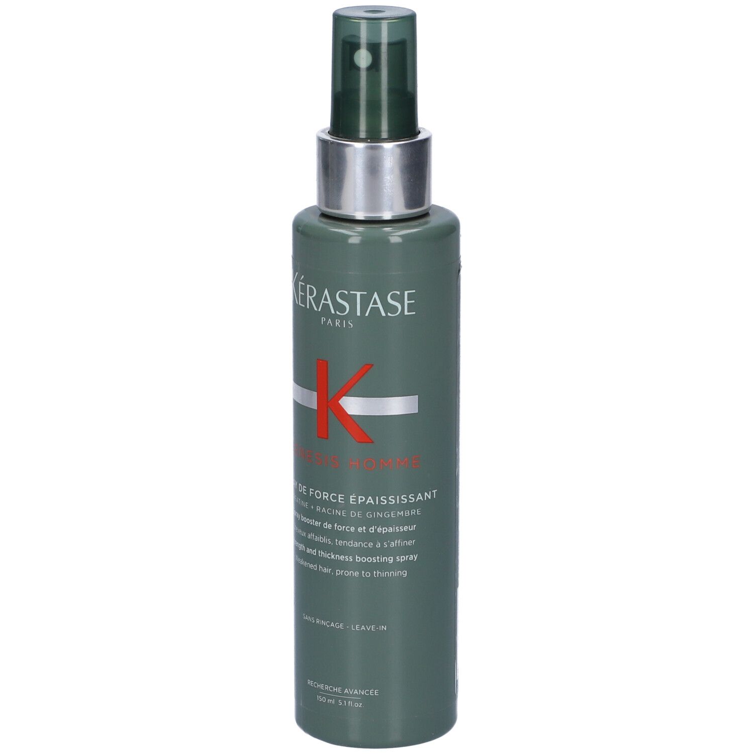 Flacone verde con vaporizzatore. Kérastase Genesis Homme Spray de Force Épaississant. Scritta rossa.