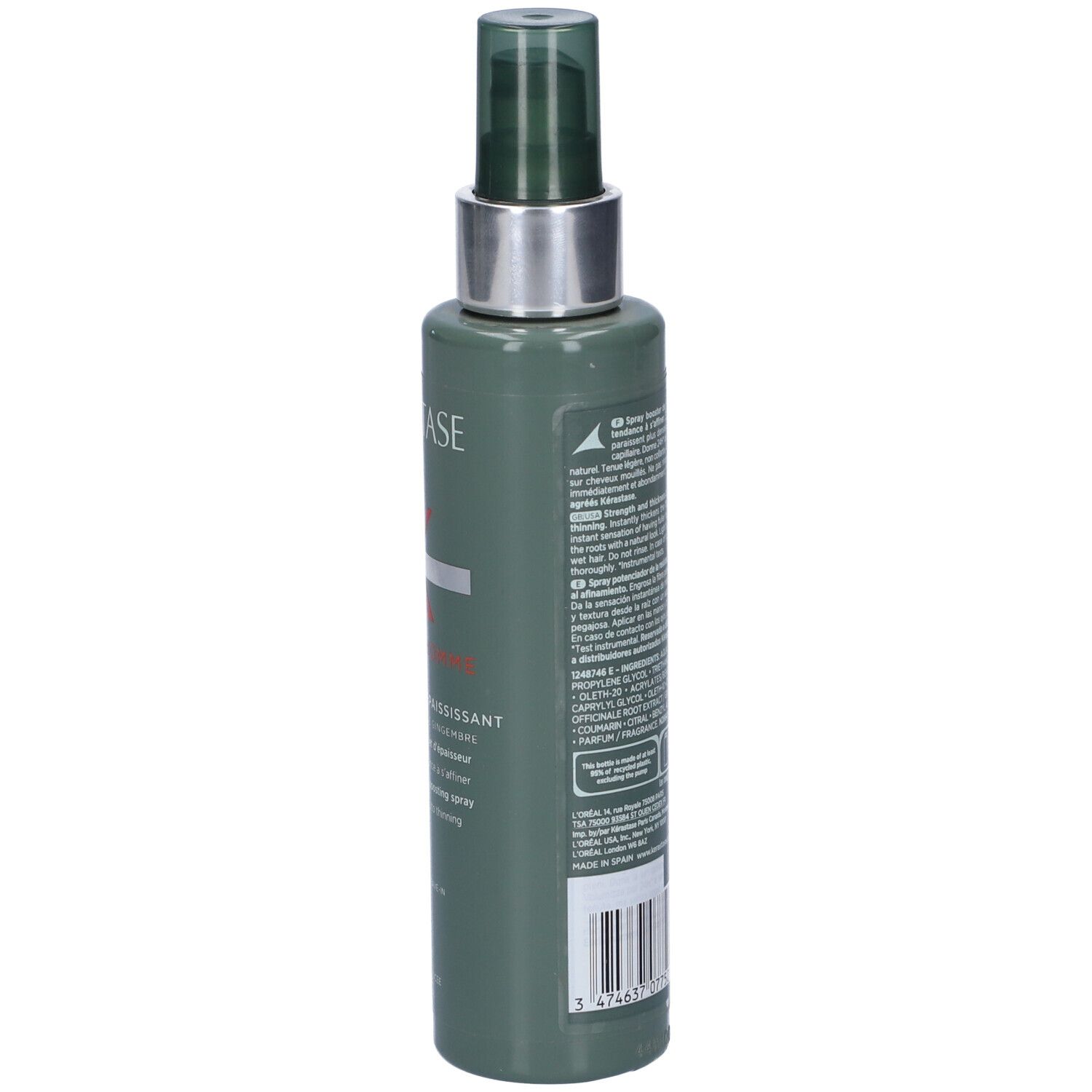 Flacone verde, retro. Kérastase Genesis Homme Spray de Force Épaississant. Testo e codice a barre.